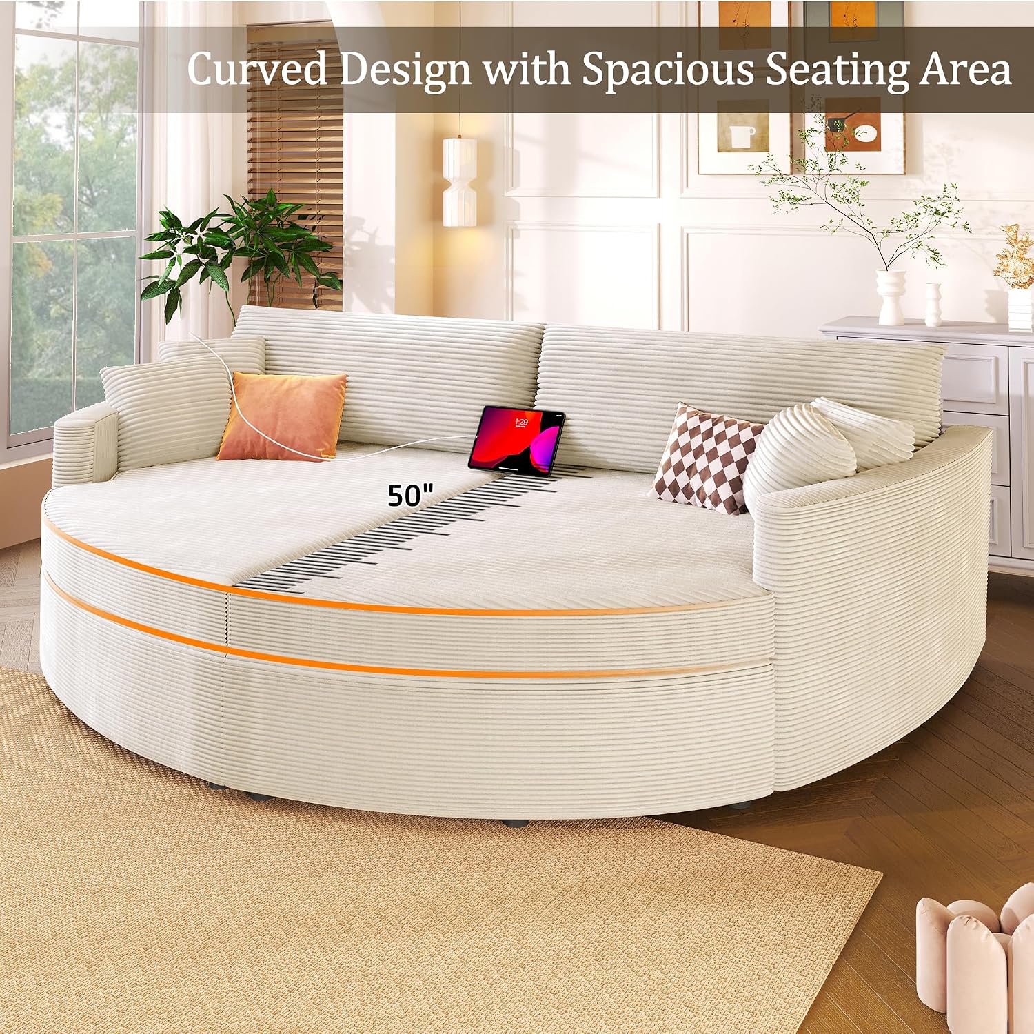 P PURLOVE Oversized Double Chaise Lounge Sofa Upholstered Sofa Bed with Deep Seat and USB Ports for Living Room (Beige)