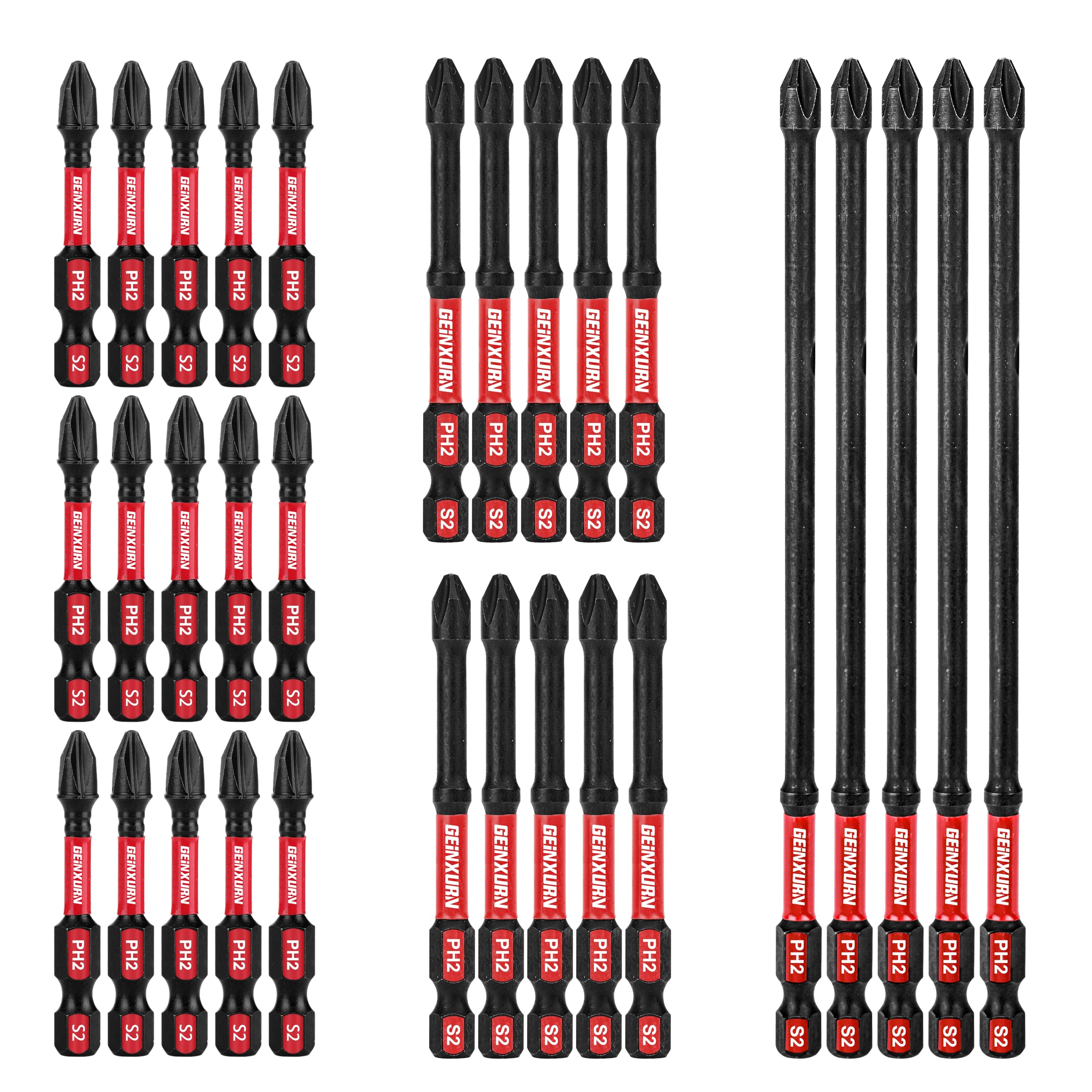 Geinxurn Impact Tough #2 Phillips Mixed 2/3/6 in. D2 Steel Long Extension Insert Driver Bits,30Pack 1/4 Inch Hex Shank Long Cross Magnetic PH2