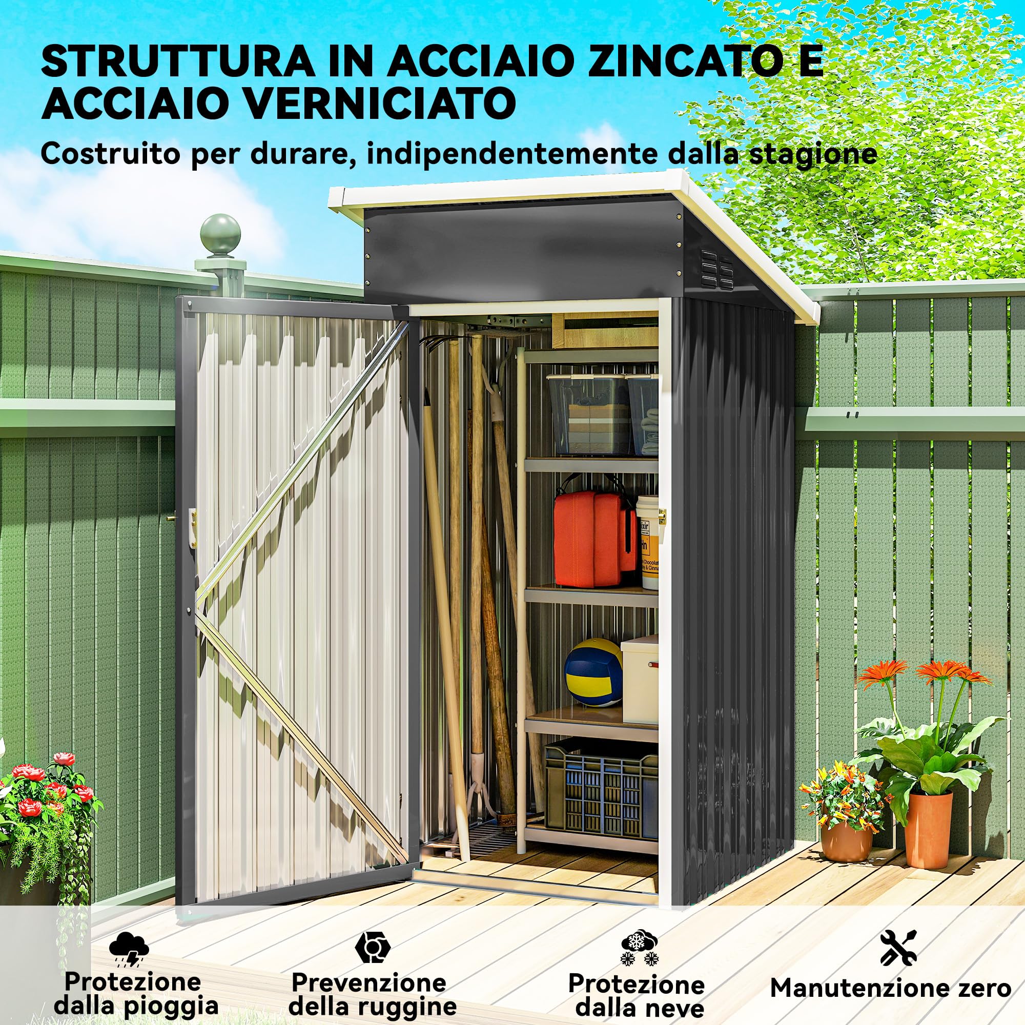 Outsunny Casetta da Giardino 0.74m² in Acciaio Zincato con Prese d'Aria, Capanno da Giardino con Porta Bloccabile, Tetto Inclinato, Guanti, Capanno Porta Attrezzi, 107.5x91x185 cm, Grigio Scuro