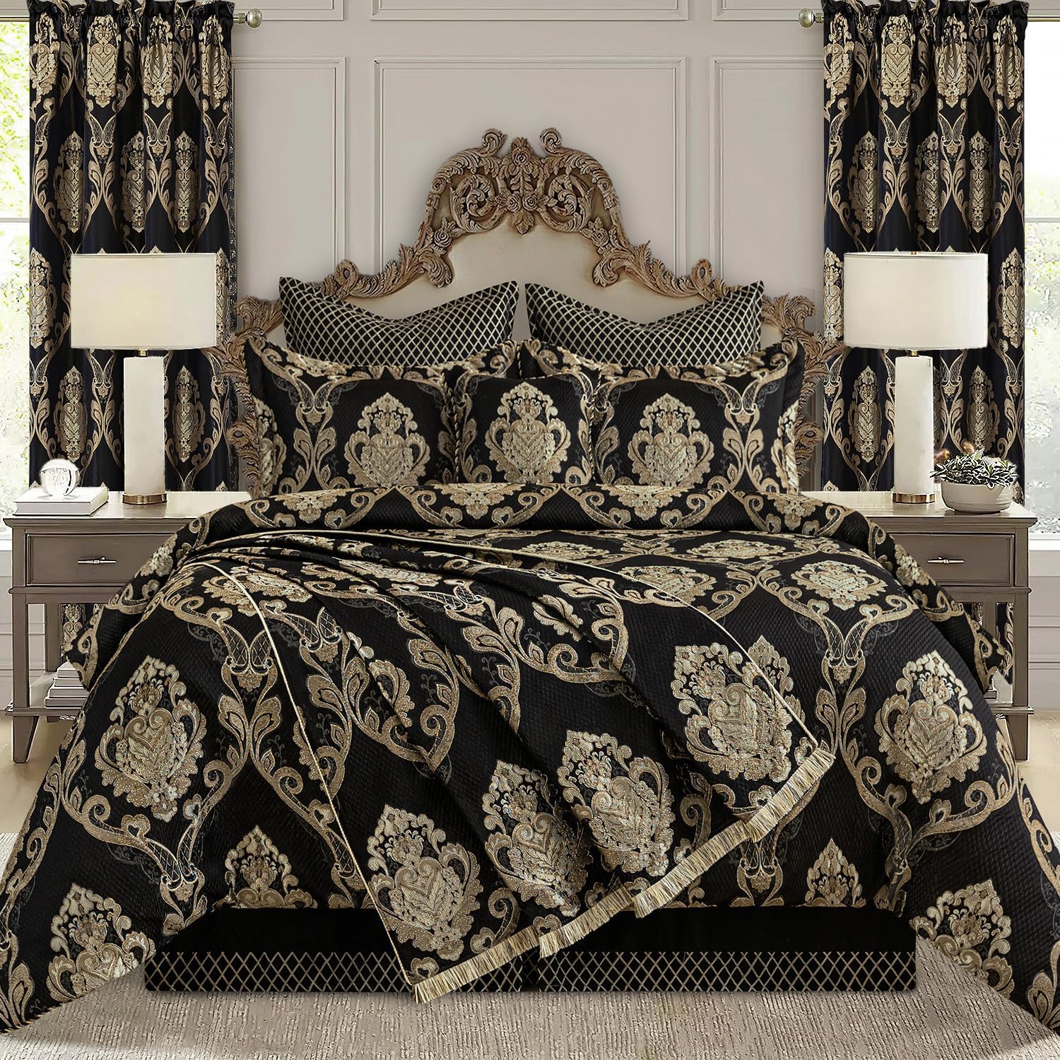Loom and Mill Luxury Throw Blanket for Bed Sofa, Jacquard Bed Throws Soft Lightweight Velvet Fall Blankets with Fringes Trim for Couch Recliner Chair Home Decor (Black, 52x72 Inches)