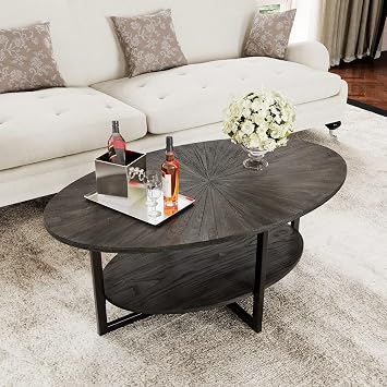 Wood Oval Coffee Table w/Storage Shelf, 2-Tier Table, Black Brown