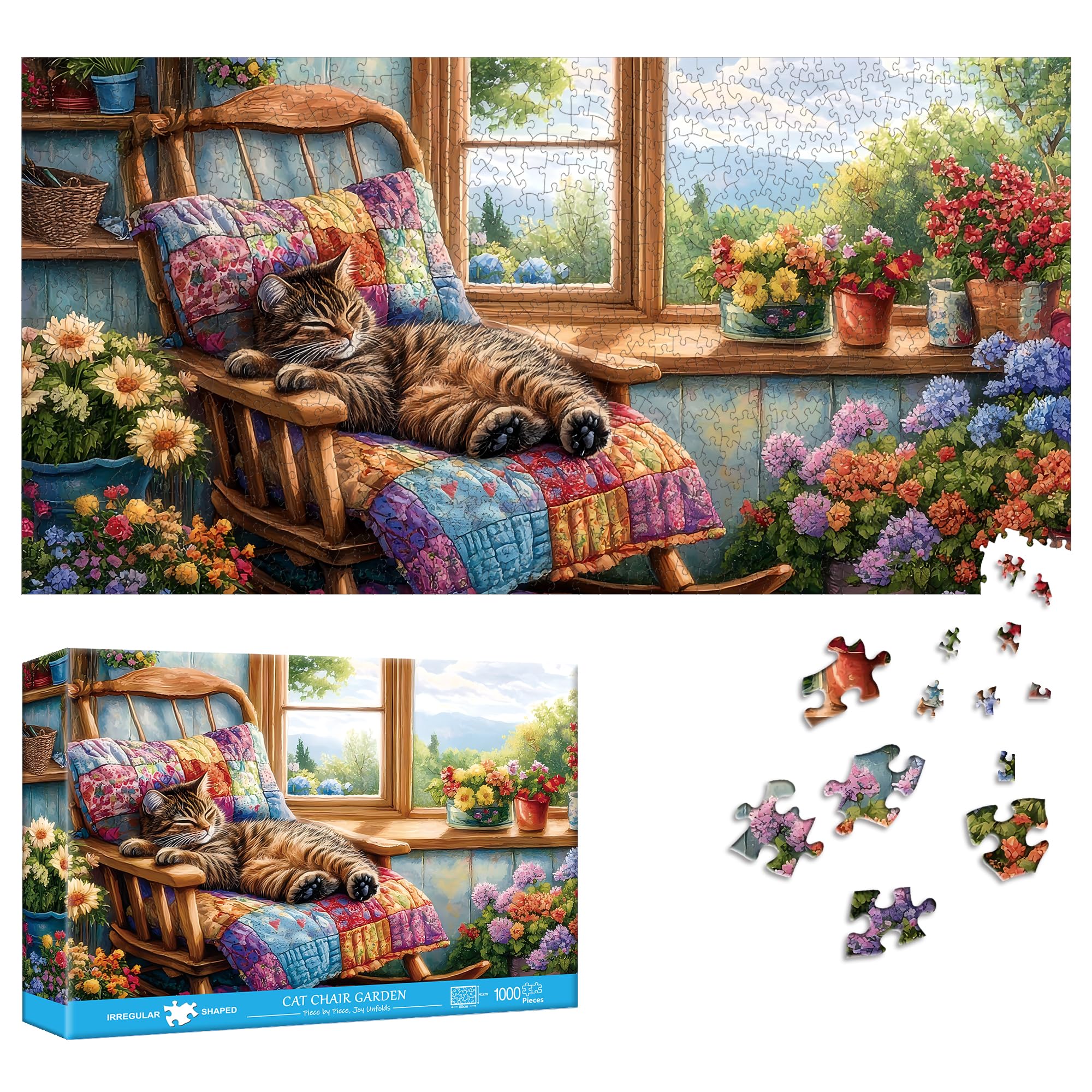 Reofrey Puzzle 1000 Pezzi - Sedia Gatto Giardino, Puzzle Adulti Forma Speciale, Sfida Impossibile Divertente Per Famiglie & Decorazione Murale 41x80cm - Idea Regalo Per Appassionati Puzzle classici
