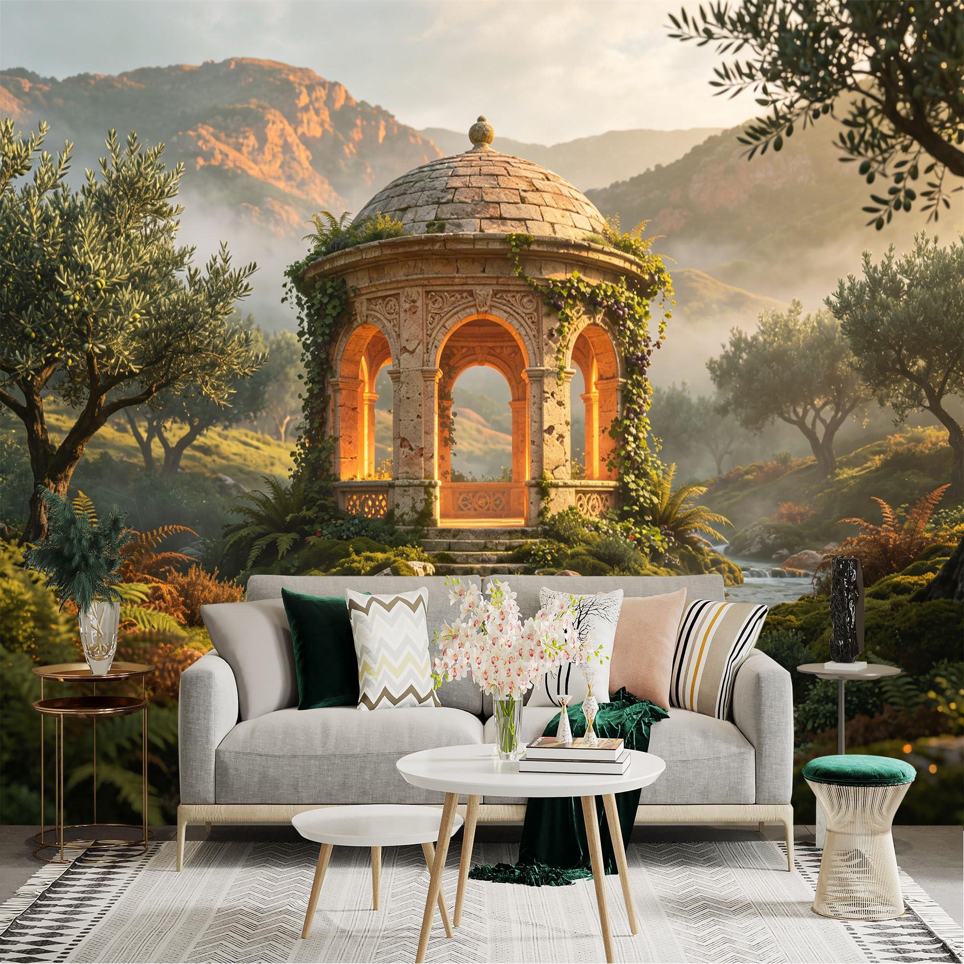 Custom Size Wall Sticker Mural， Ancient Garden Pavilion with Flowing River and Mountain Scenery， for wall Decoration， peelandstick wall Decals.