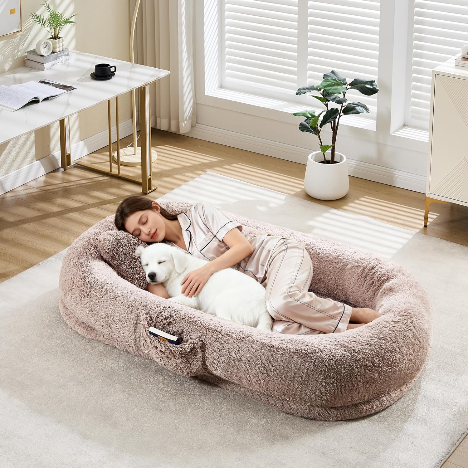 Human Dog Bed for Adult and Pets, No Assembly Required, Washable Fluffy Faux Fur, Orthopedic Dog Bed with Plump Pillow, Side Pocket, Strap - 67 in x43 in x8 in - Light Brown