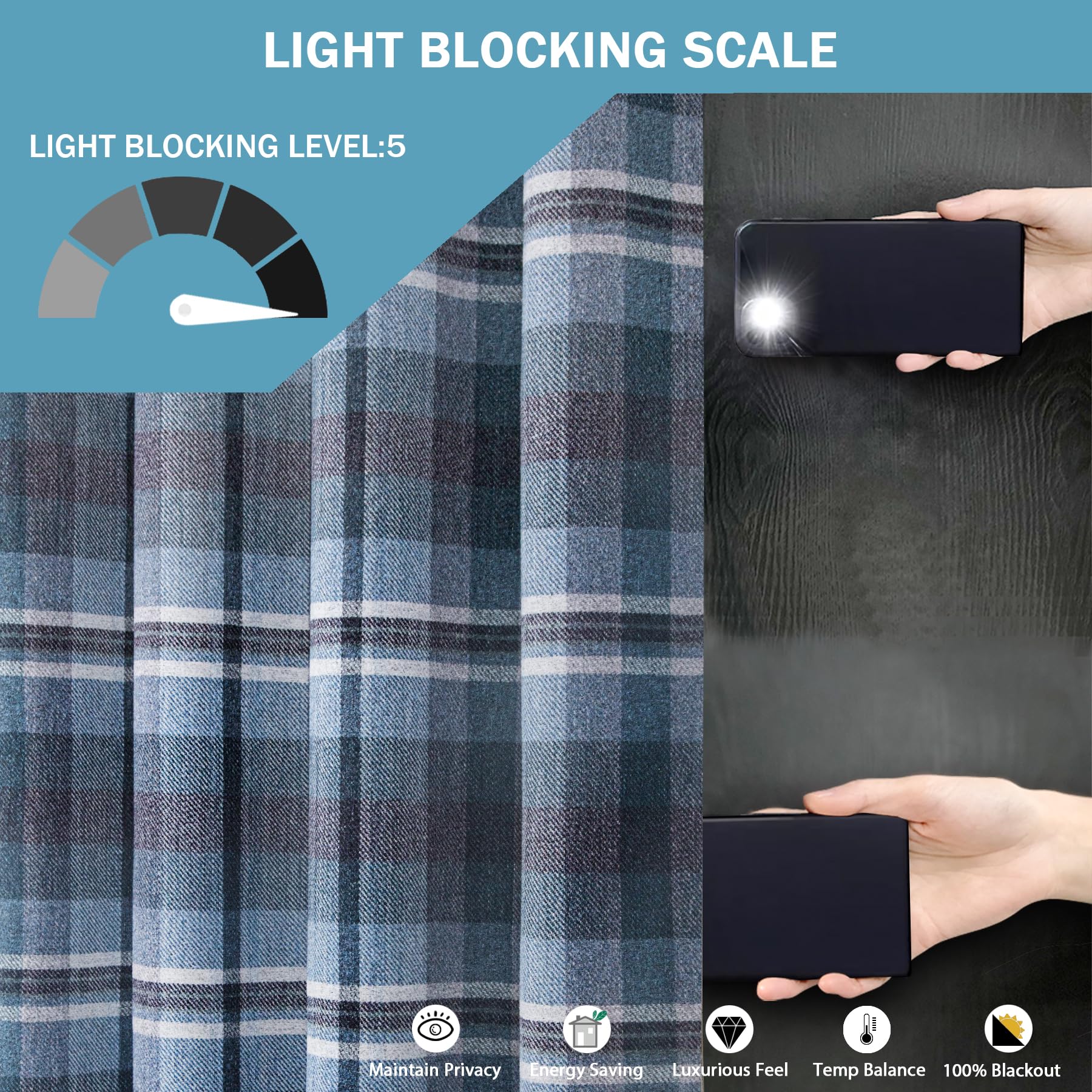 always4u 100% Blackout Tartan Curtains Highland Check Eyelet Curtain Woolen Look Plaid Brushed Cheque Pair of Window Treatment for Bedroom Living Room Navy Blue 46 * 54 Inches - Image 3