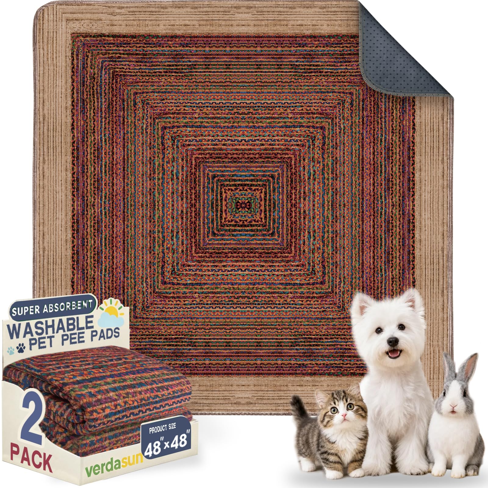 Washable Pee Pads for Dogs, Reusable Puppy Potty Training Pads, Ultra-Absorbent Thick Waterproof Leak-Proof Non-Slip Pads &amp; Mat for Crate, Playpen, Floor, Whelping &amp; Housebreaking , 2 Pack 48"x48"
