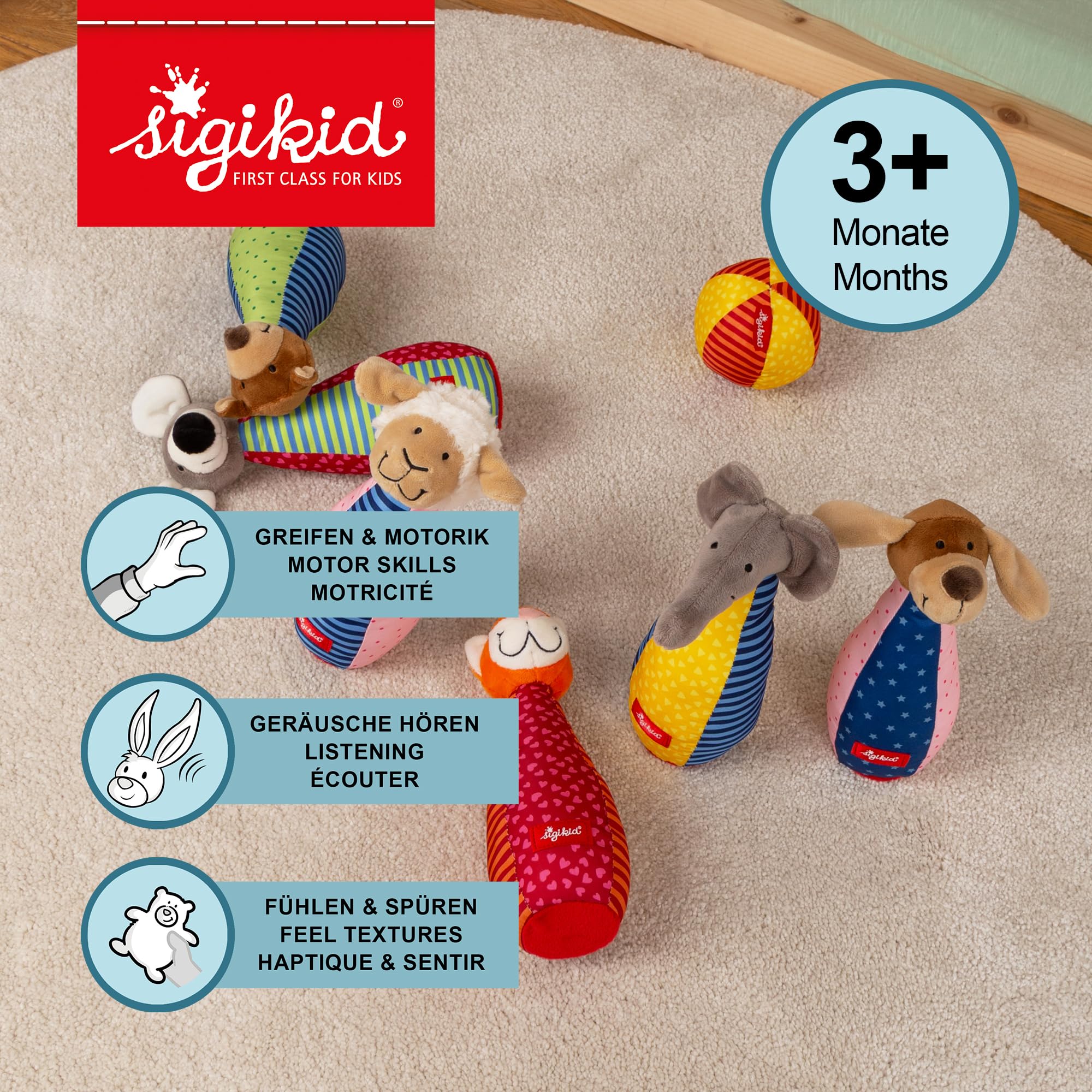 sigikid Baby Bowling Kegelspiel Baby- & Kleinkindspielzeug Motorikspielzeug Rasseln & Greiflinge PlayQ Aktivitätsspielzeug Mädchen und Jungen ab 3 Monaten, waschbar