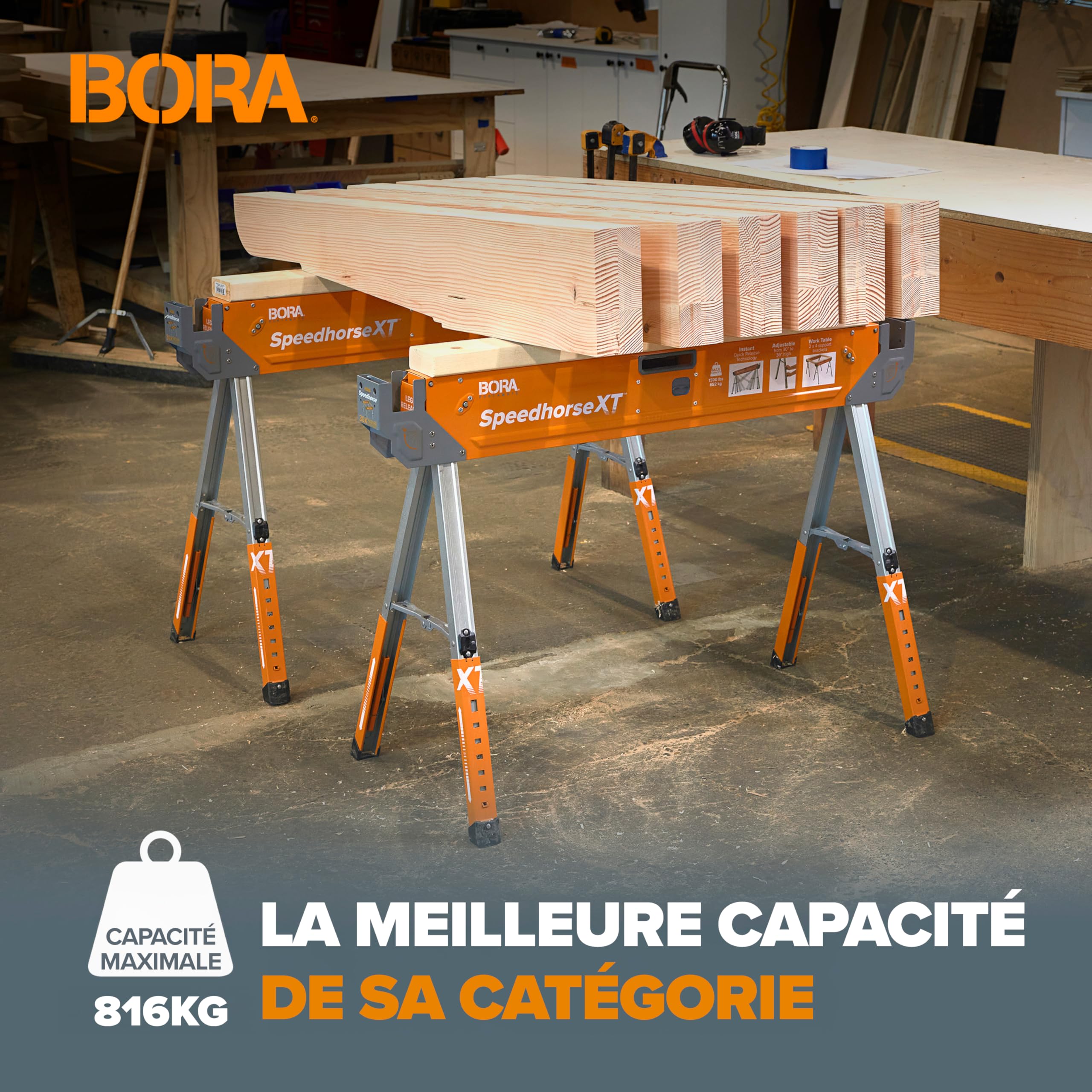BORA Portamate Speedhorse XT PM-4550T Lot de 2 chevalet de sciage à hauteur réglable de 76,2 à 91,4 cm, dessus en métal pour 5,1 x 10,2 cm, pour entrepreneurs et charpentiers, orange