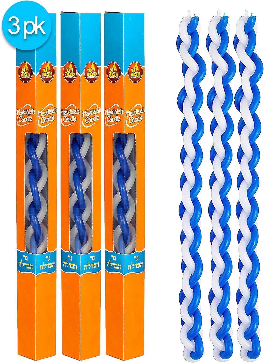 Ner Mitzvah Braided Havdalah Candle - 3-Pack - Round Blue and White Paraffin Wax - Handcrafted Havdallah Candle - Shabbat Judaica Gift : Home & Kitchen