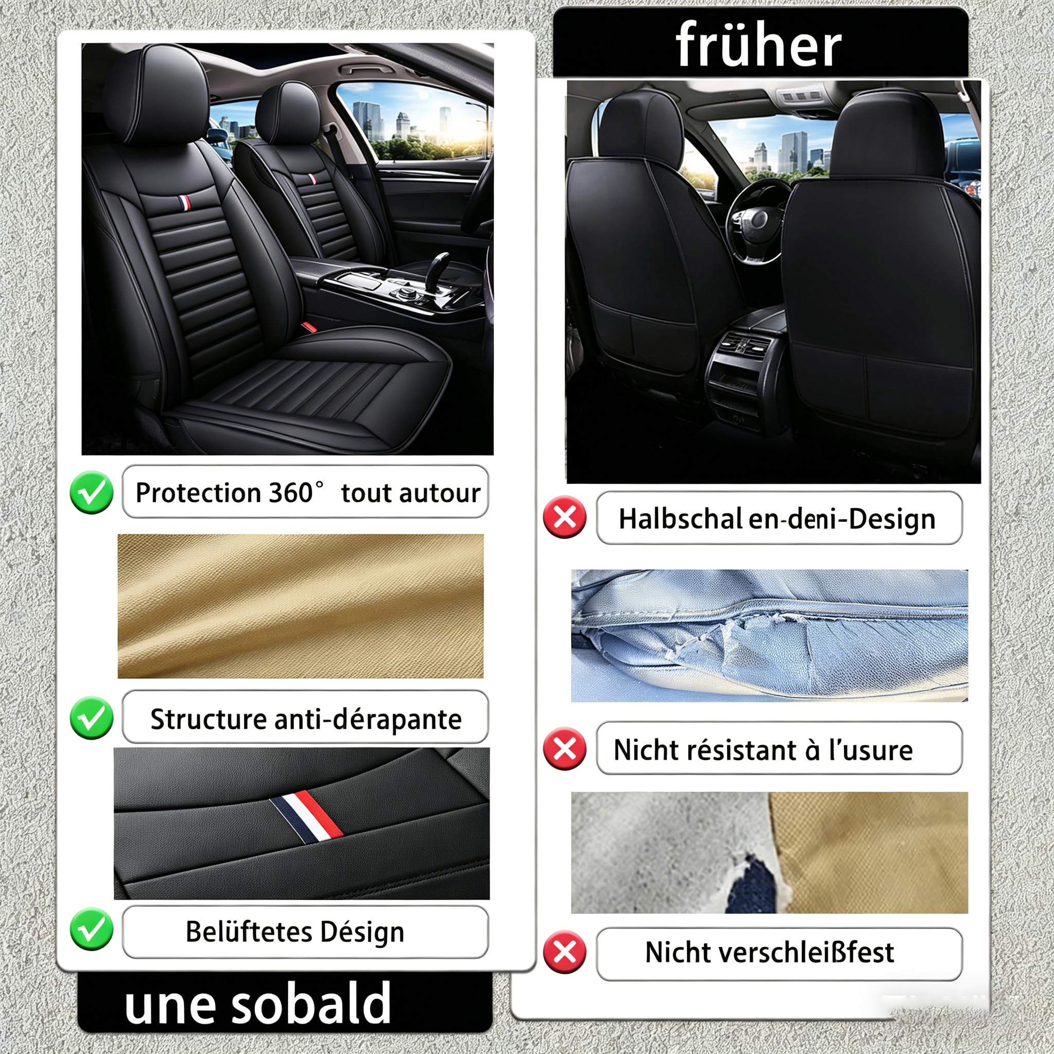 5-teilige universelle Autositzbezüge aus Kunstleder, wasserdicht, Abriebfest, atmungsaktiv, passend für VW Amarok Bora Golf Plus SV Jetta Passat Polo Tiguan (schwarz)
