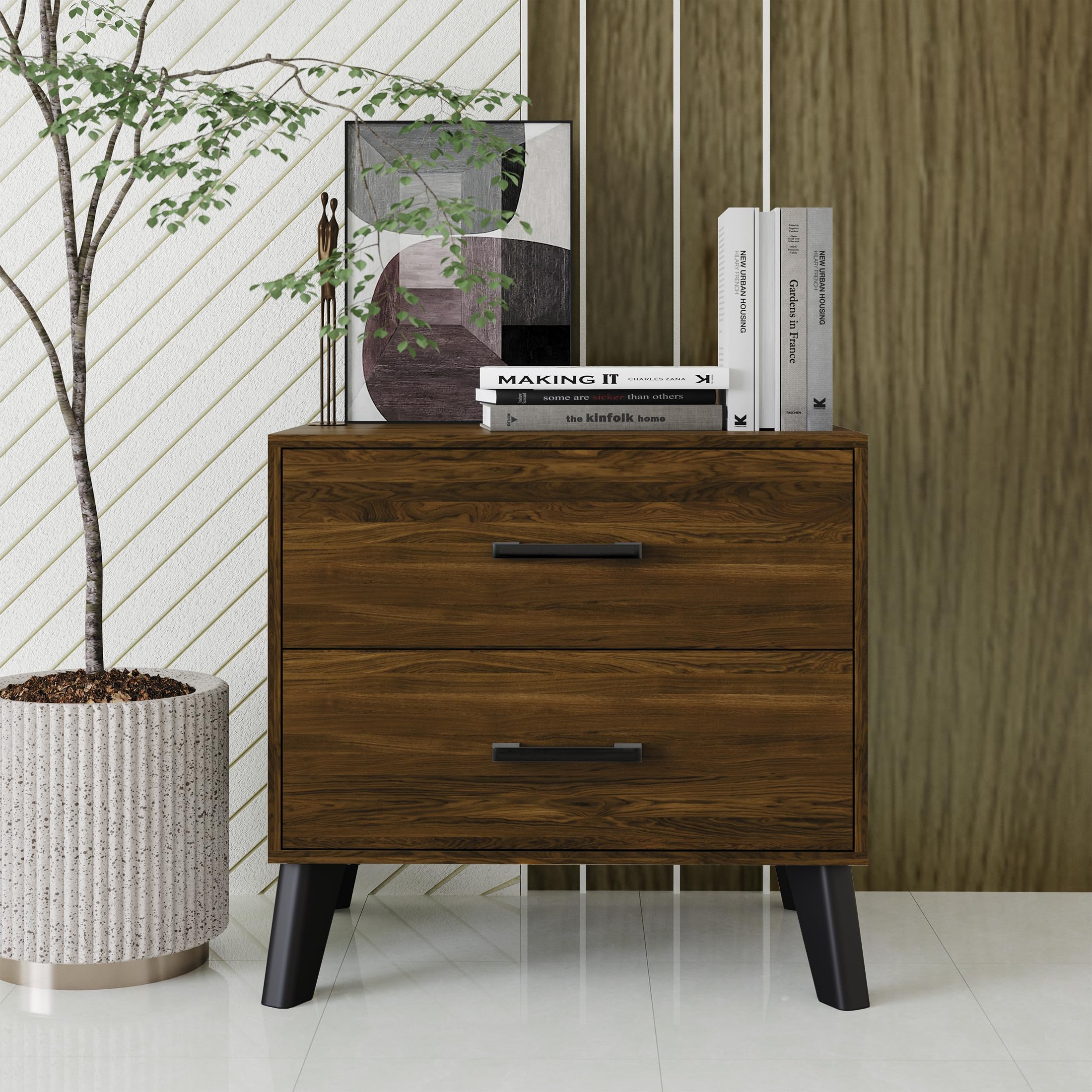 Contemporary 2-Drawer Wooden Nightstand with Tapered Legs, Brown