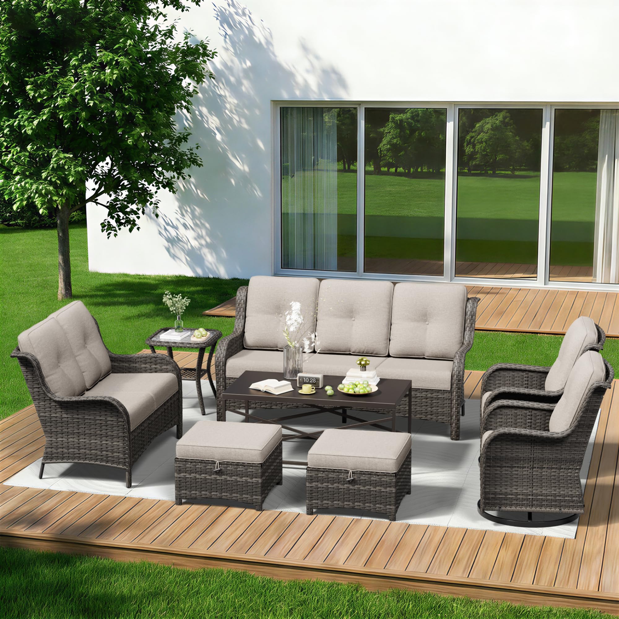 8 Piece Outdoor Wicker Patio Furniture Set, Outdoor Swivel Rocker Patio Chairs Set with Thickened Olefin Cushions, High Back and Deep Seating, Hand-Woven PE Rattan for Porch, Deck