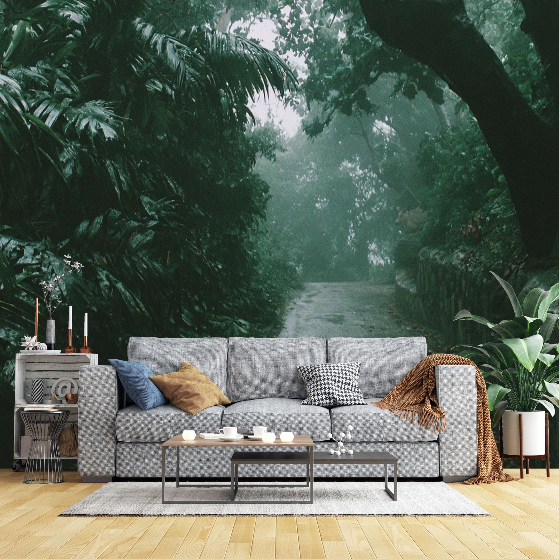 Custom Size Wall Murals Misty Tropical Rainforest Path Wall Murals Moody Nature Wallpaper, Wall Stickers Self-Adhesive Removable Wallpaper for Living Room
