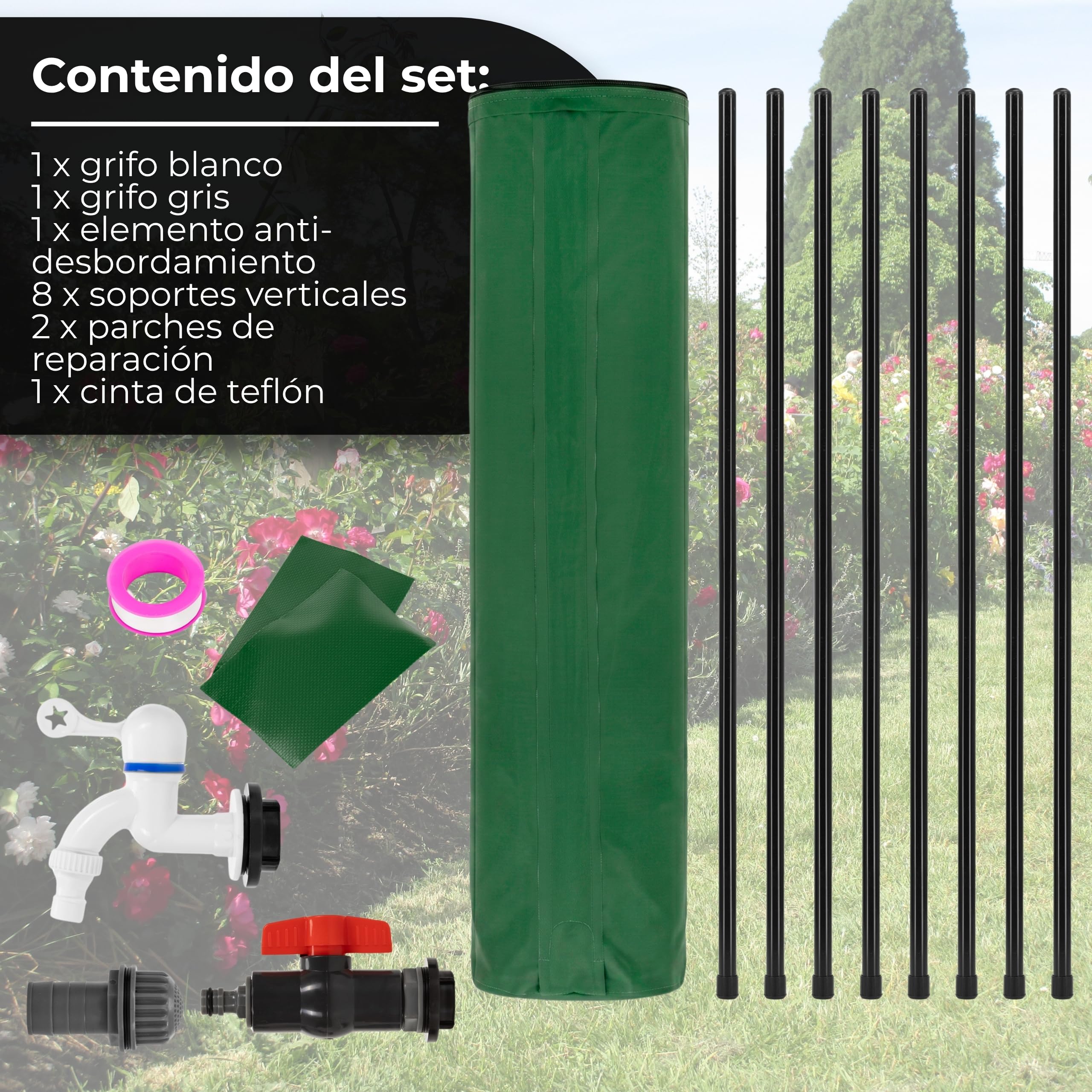 Springos Depósito de agua de lluvia de 500 l para jardín, almacenamiento de agua de PVC 1000D, plegable, con 8 puntales de apoyo, doble grifo, protección contra rebosadero, borde reforzado, barril de