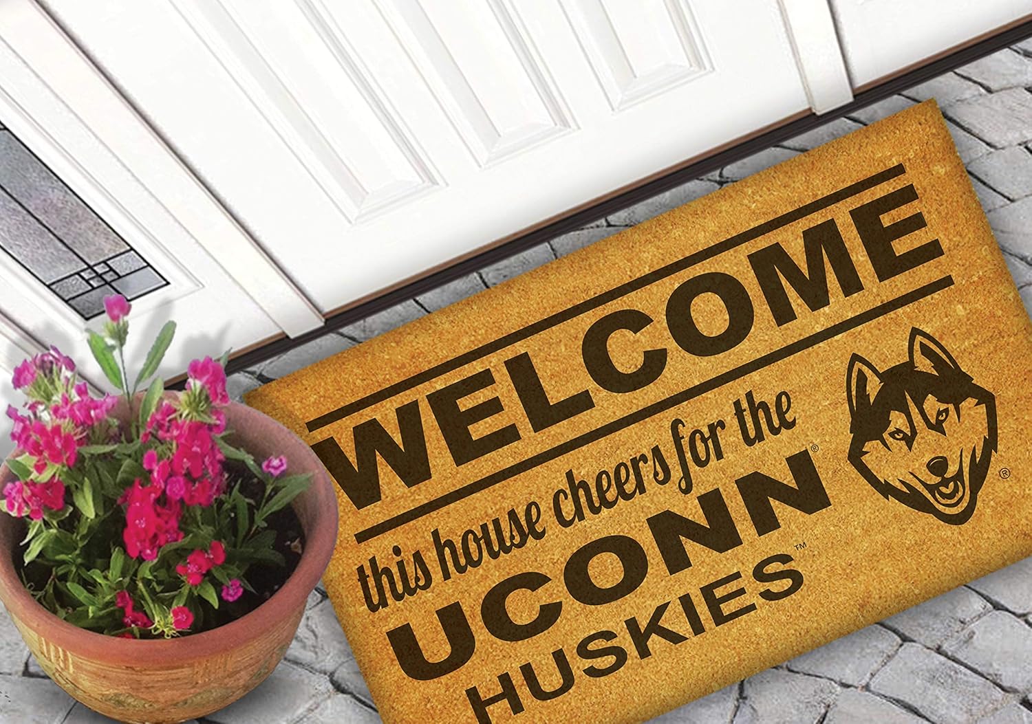 KH Sports Fan Connecticut Huskies Welcome Coir Doormat, 18x30 Inches, Huskies Outdoor Rug; Display Your Team Spirit with This Unique Connecticut Huskies Doormat