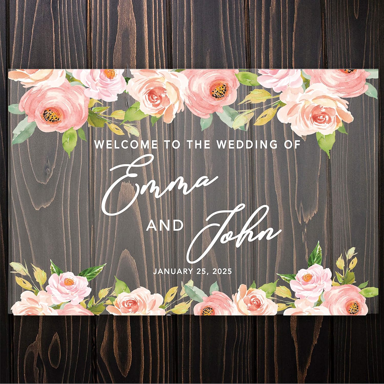 Andaz Press Custom Large Wedding Acrylic Sign, 16 x 24 Inches, Coral & Peach Floral Roses, Personalized Sign, Welcome Sign For Floral Theme Events