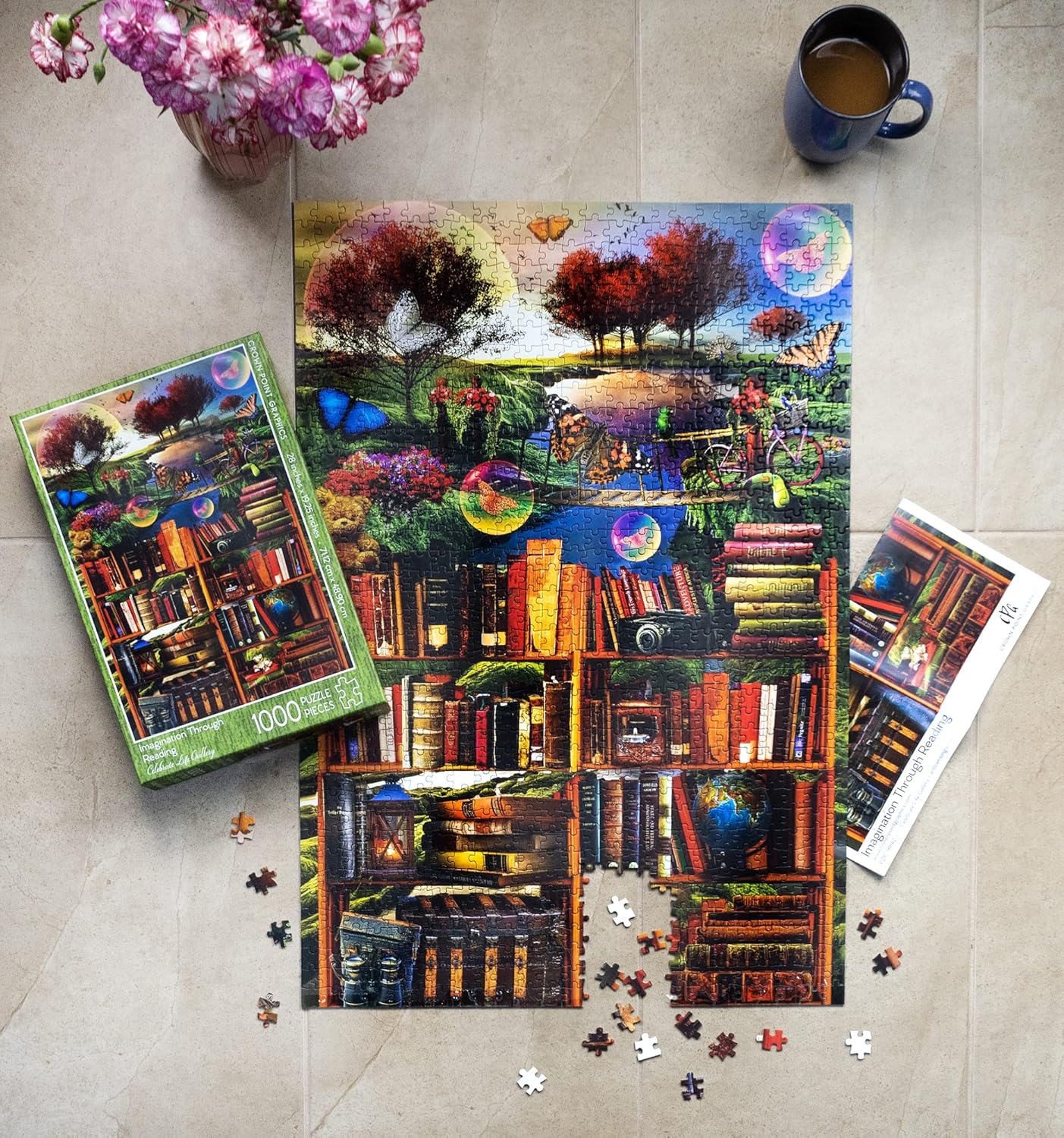 Crown Point Graphics Imagination Through Reading - 1000 Piece Soft Touch Jigsaw Puzzle - Art from Celebrate Life Gallery - Soft Touch Design - Fantasy Bookshelf Puzzle with Butterflies and Bridge