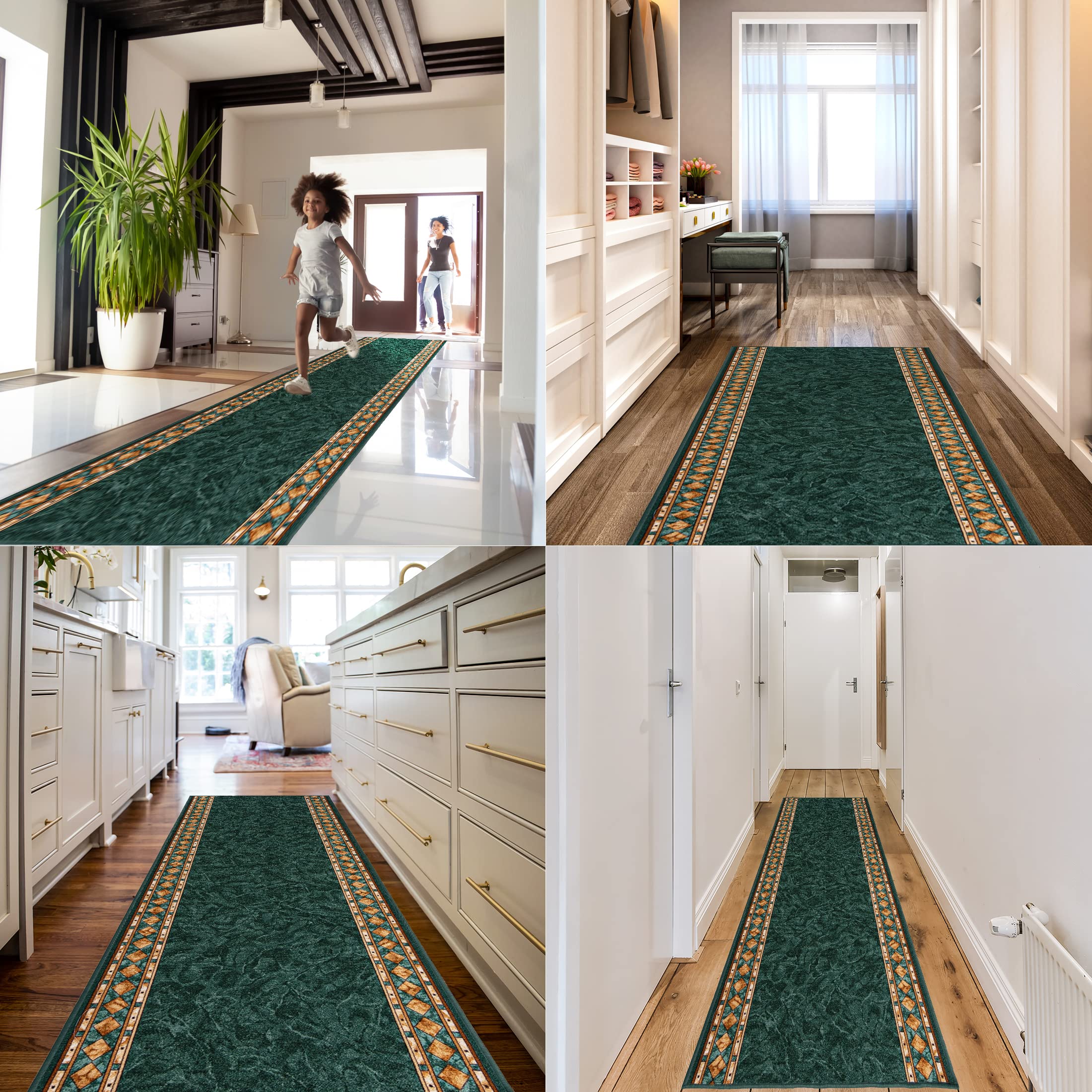 Mazovia Läufer Flur 80x525cm Grün Klassisch 90er-Retro Weich rutschfest | Teppichläufer für Küche Waschküche Schlafzimmer Wetterfest Pflegeleicht Gummiunterseite Kurzflor Lang Verkauf pro Meter