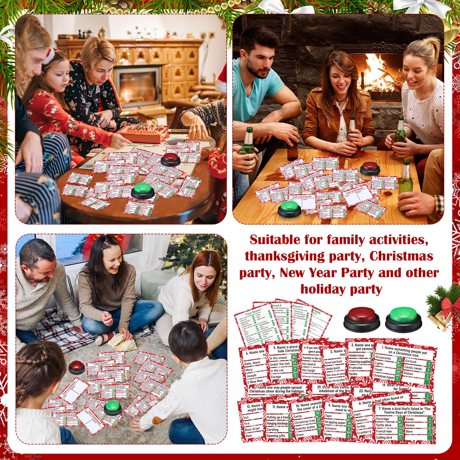Vinsot Juego de 50 piezas de feudo con respuesta, zumbador, juego de fiesta de pelea de Navidad, divertido juego de preguntas familiares para vacaciones, fiesta de Navidad, oficina, grupos de adultos