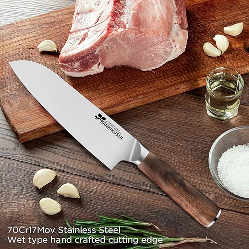 Miniatura 7 de Santoku - Cuchillo de 7 pulgadas, 70CR17MOV, cuchillo de alto carbono para carneverdurafruta, juego de cuchillos con funda, sacapuntas, paño de