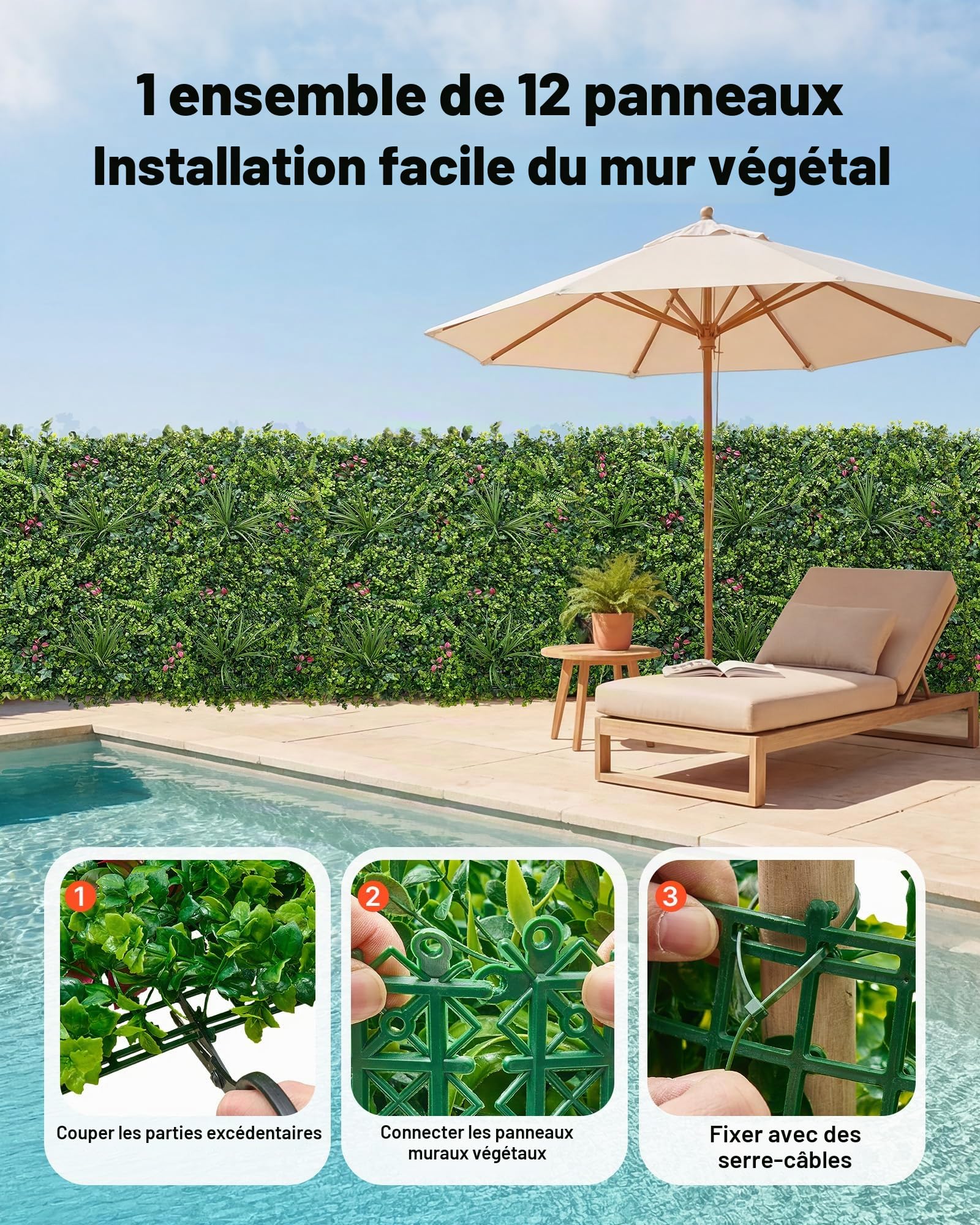 VEVOR Mur Végétal Artificiel 50,8x50,8 cm Haie Artificielle Lot de 12 Panneaux Feuillage Artificiel Brise Vue de Balcon pour Décoration, Mariage, Intérieur et Extérieur, Clôture de Jardin, Terrasse
