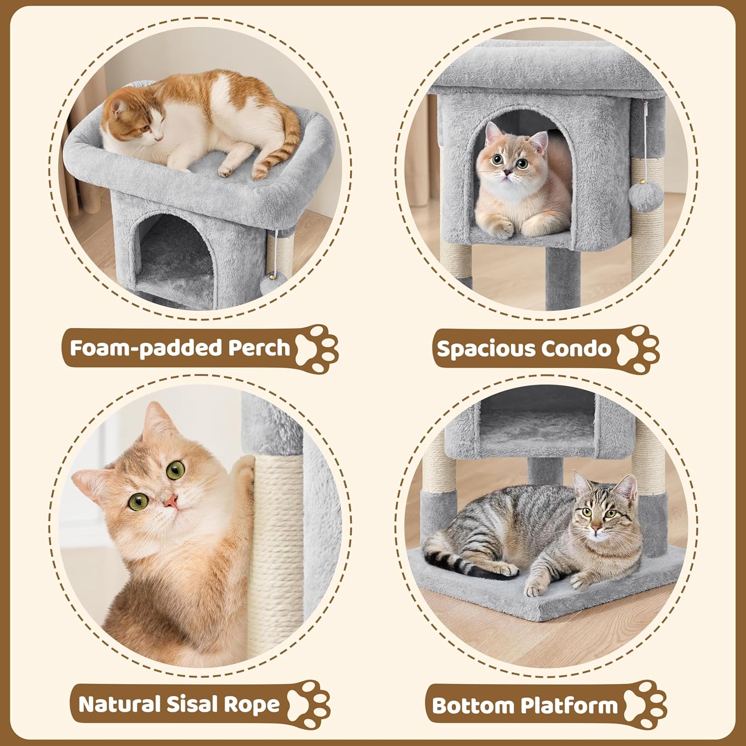 Yaheetech 23.5in Low Cat Tree for Senior Cats, Sturdy 3-Level with Large Top Perch, Condo & Sisal Scratching Posts, Space-Saving for Apartments, Light Gray
