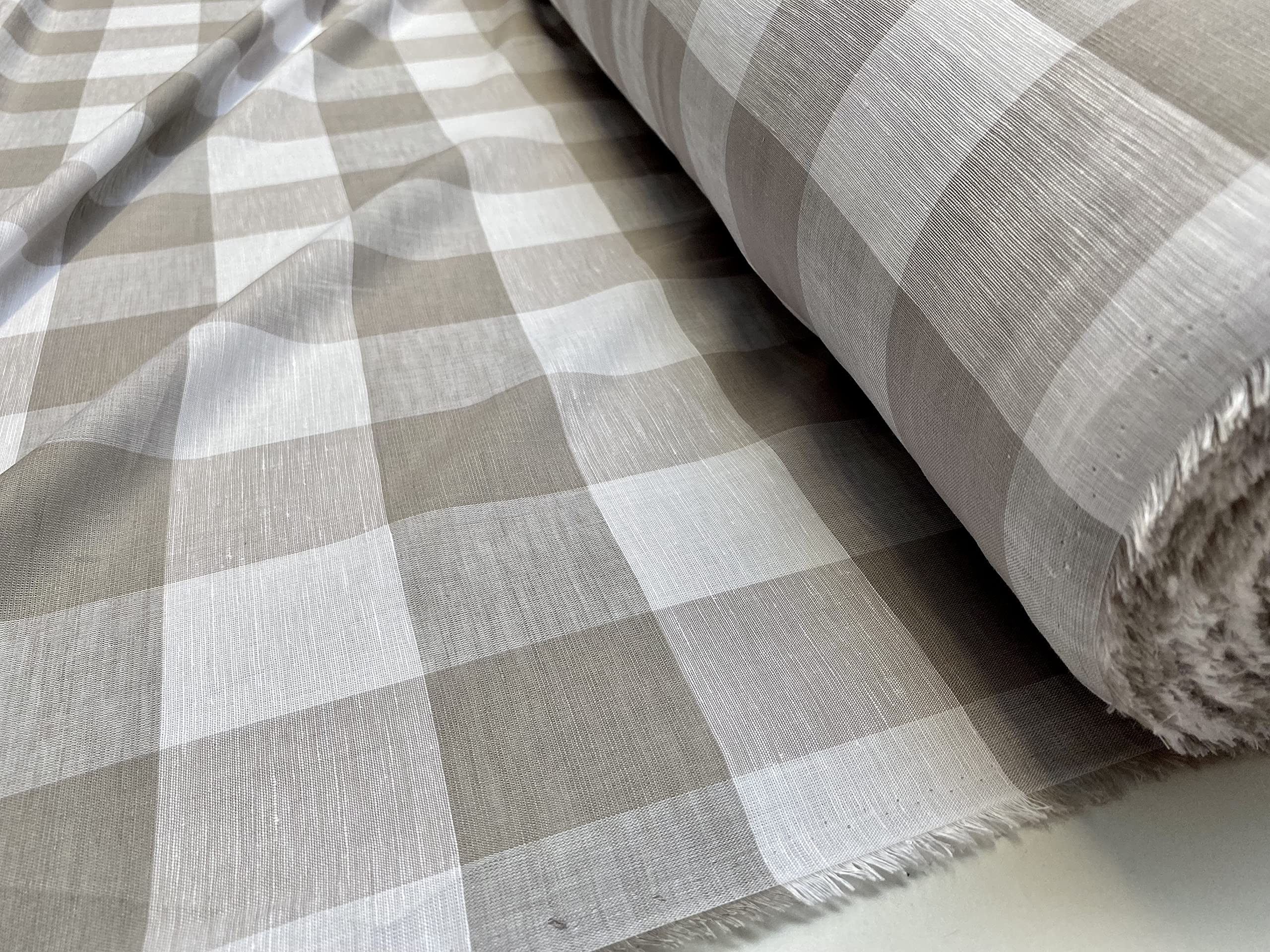 Lightweight 100% Gingham Checked Linen Fabric Plaid Material Buffalo Check Yarn Dressmaking, Curtains - 150cm Wide - Light Grey & White Checks (Sold BY THE METRE)