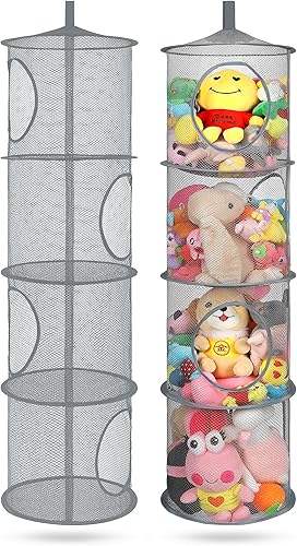 Miniatura 77 de Organizador de bolsas de malla colgante para ahorrar espacio, organizador plegable de almacenamiento de animales de peluche, 5 compartimentos,