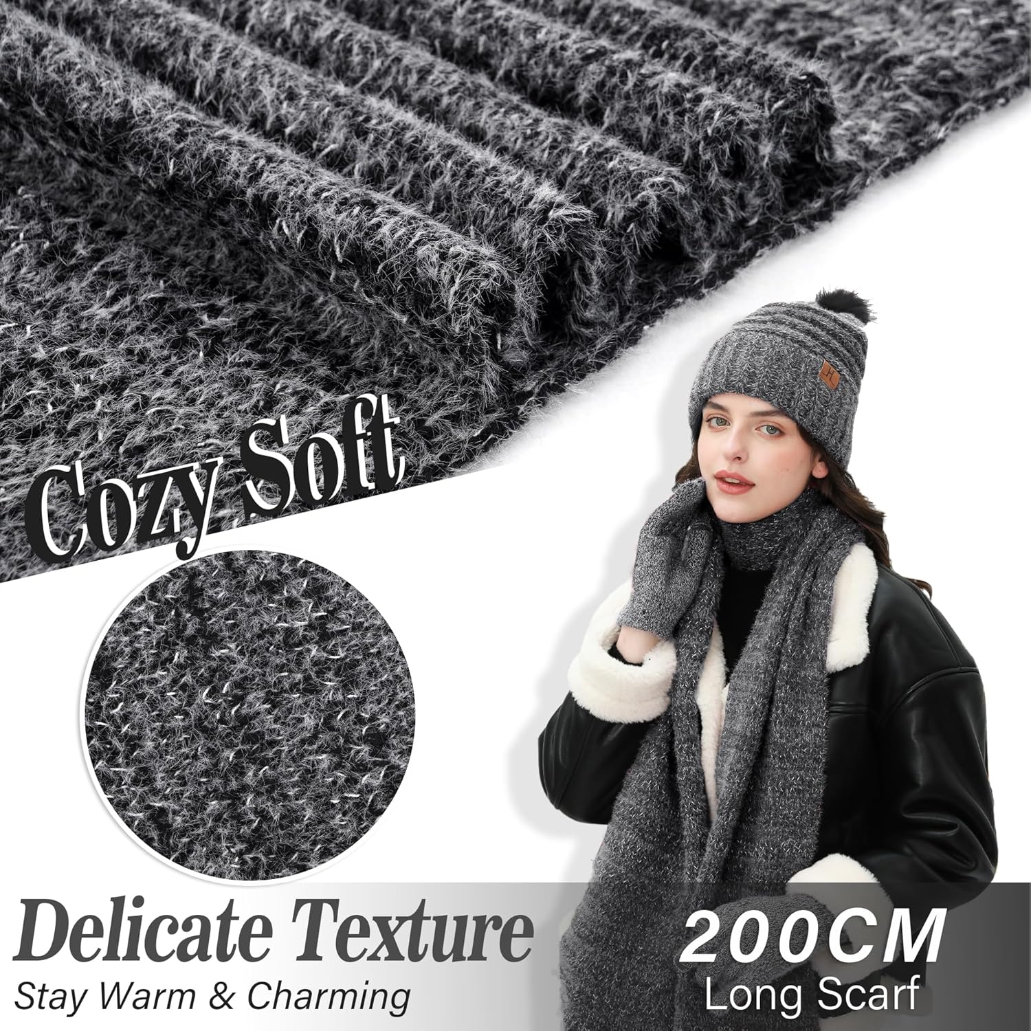 Womens Winter Hats Beanie Touchscreen Gloves Long Scarf Set Knit Warm Caps with Pom Fleece Gifts for Women - Image 4