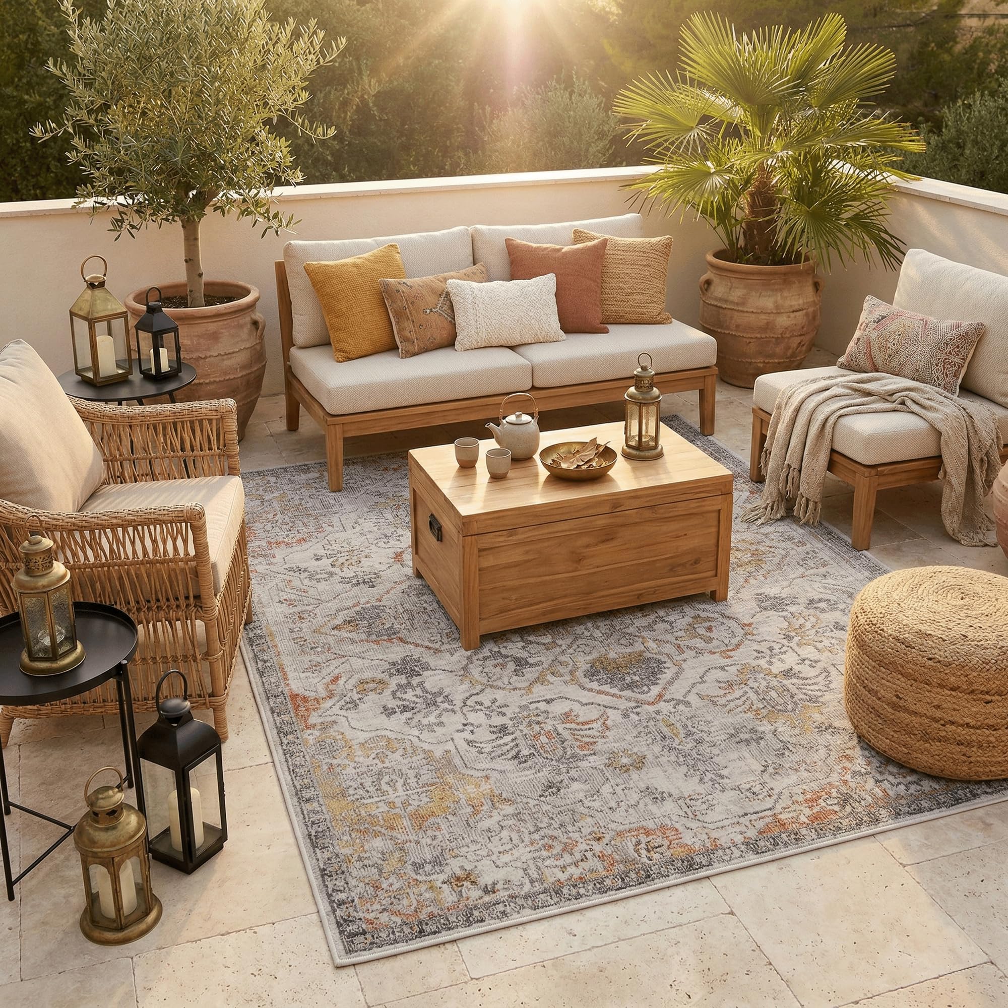 Pergamon Lagos Vintage Outdoor Teppich | In- & Outdoor Teppich | Flachgewebe | Wetterfest & UV-beständig | Balkon Terrasse Garten | Pflegeleicht