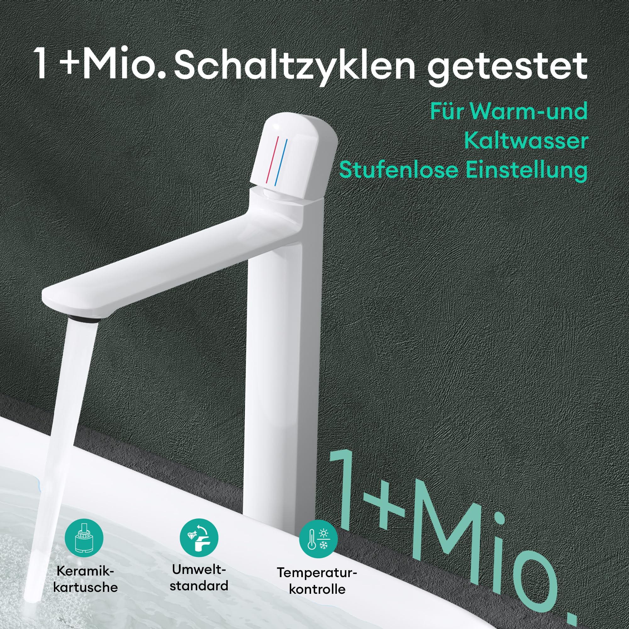 Mai & Mai Wasserhahn Bad 31,3cm hoch, Waschtischarmatur Glänzend weiß | Einhebelmischer Mischbatterie Bad Armatur Badezimmer aus Messing, mit Wassersparfunktion DIN-Anschlüsse WAO-1190H