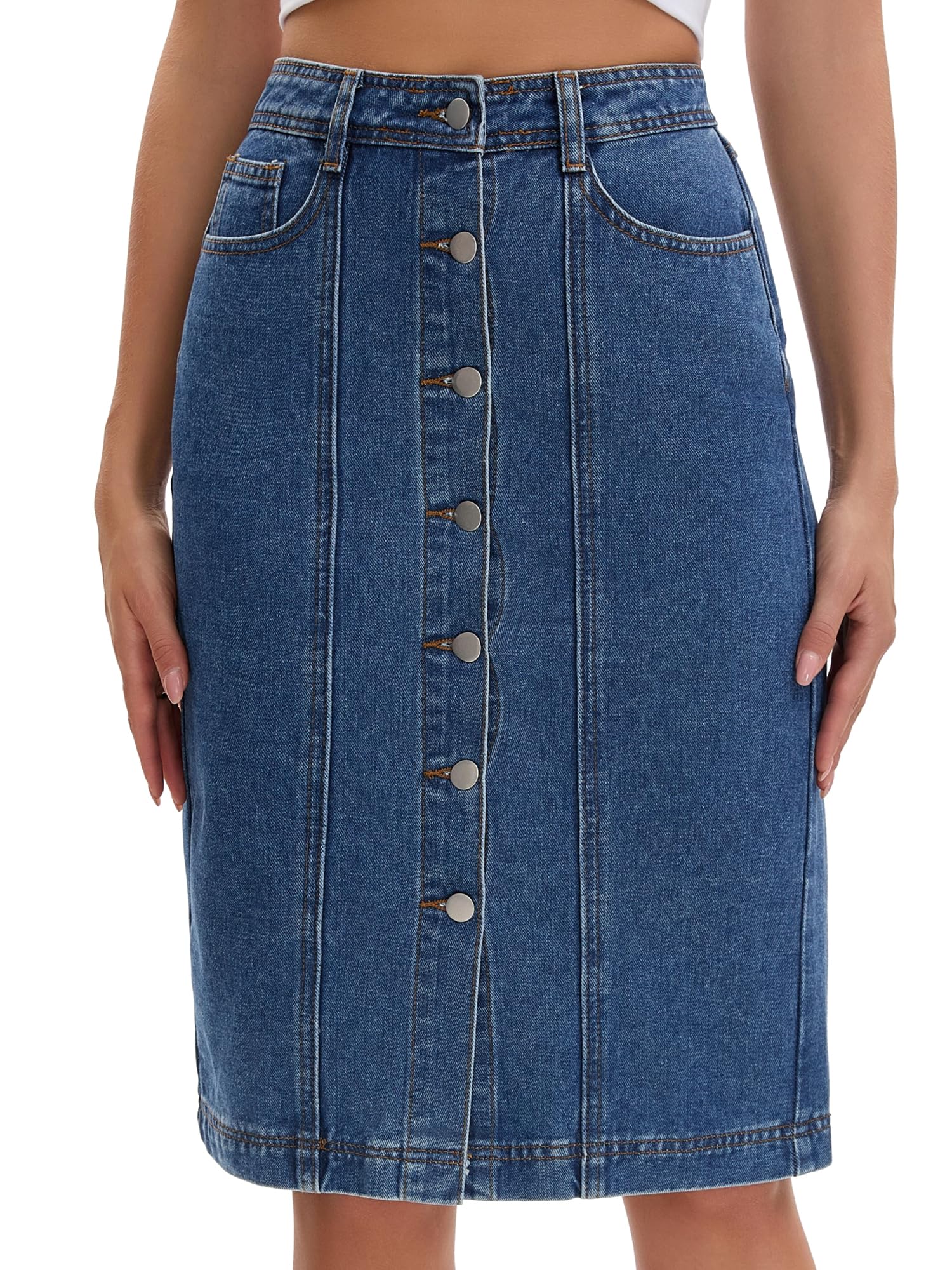 Femme Jupe en Jean Boutonnée Longueur Genou | Boutonnée Longueur Genou Poches Obliques Coupe H Taille Haute Délavée Jupe Crayon en Jean