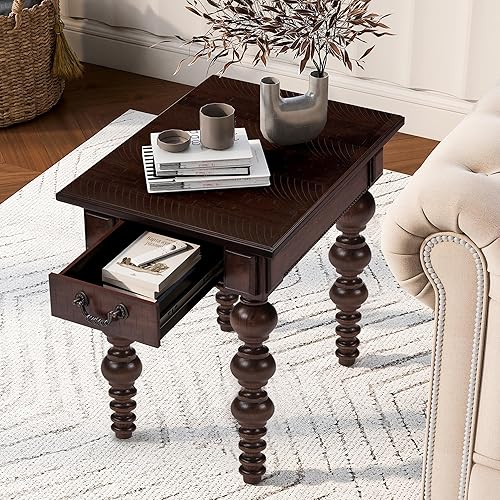 Miniatura 5 de Homora Mesa auxiliar rectangular de madera con cajón de almacenamiento, mesa de sofá estrecha vintage con patas de madera maciza en forma de