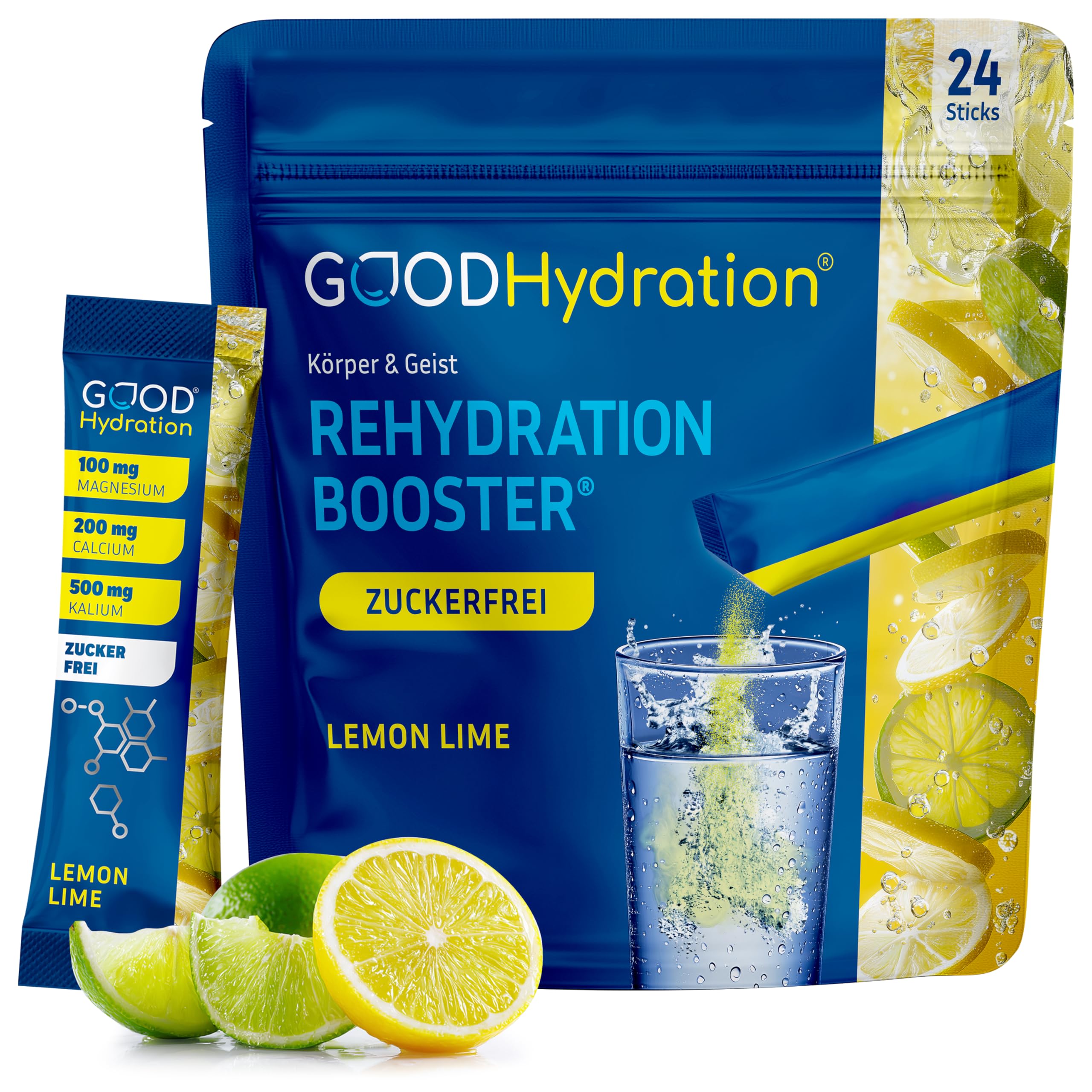 GOOD Hydration® Rehydration Booster ZITRONE - 1.450mg Elektrolyte OHNE ZUCKER plus BCAA, Biotin und 6 Vitamine - Elektrolyt Pulver für Sport, Arbeit und Party - Vegan - Made in Germany - 24 Sticks