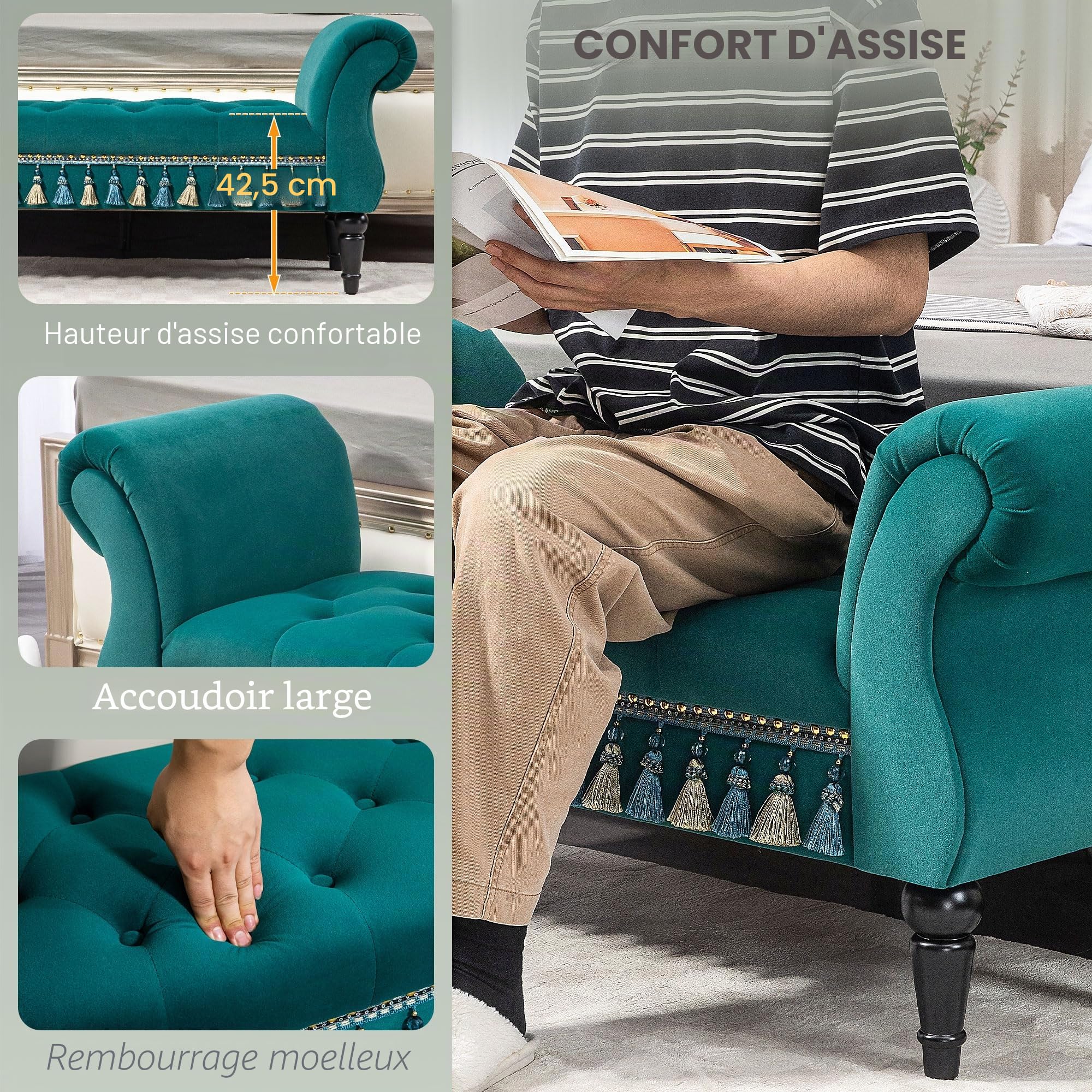 HOMCOM Banc Banc rembourré, aspect velours, banc de luxe avec pieds en bois, banc d'entrée pour chambre à coucher, charge maximale 150 kg, vert, 117 x 40 x 58 cm