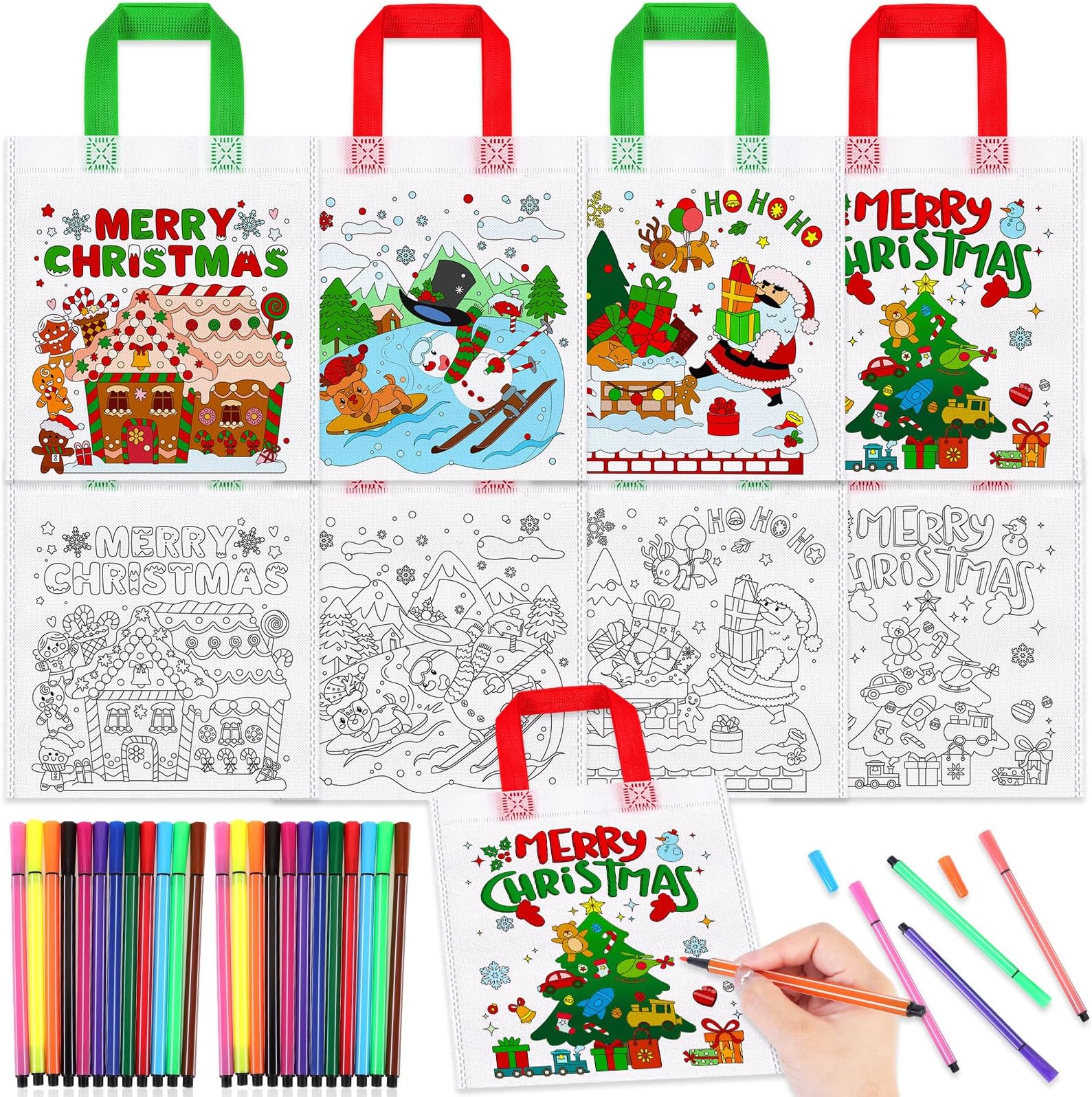 HOWAF 12pcs Christmas Coloring Goodie Bags with Paint Pens for Kids, Xmas Santa Coloring Candy Bags HO HO HO Coloring Gift Bags, Merry Christmas Reusable Canvas Bag Party Favors Coloring