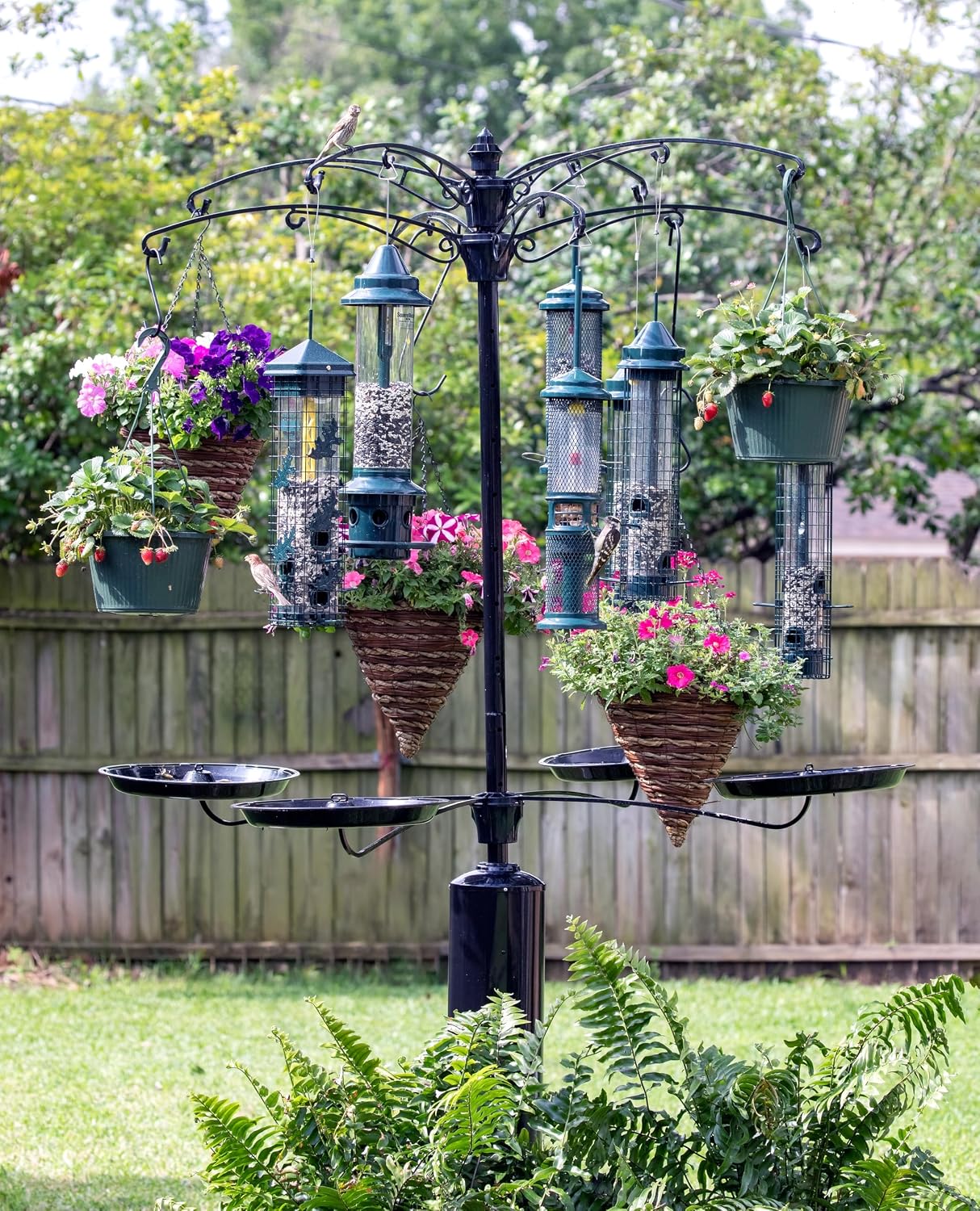 Tray Kit for Raccoon Buster Guardian and GardensUP Harvester Poles, w/2 Seed Trays to Catch Dropped Bird Seed and 2 Bird Baths, Easy to Install, Easy to Remove, Metal and Plastic, Black