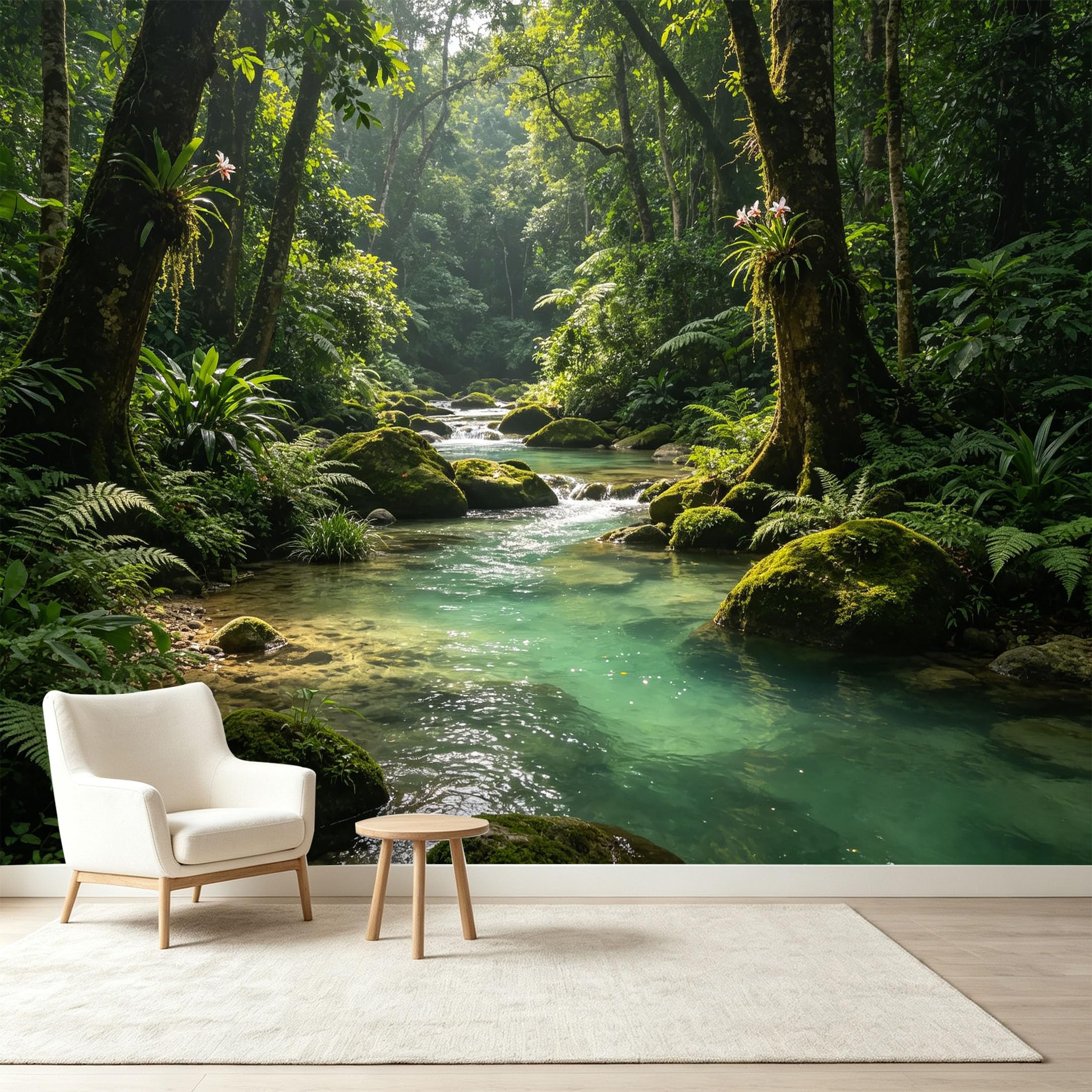 Custom Size Wall Murals Tropical Rainforest Stream Landscape Botanical Sunlit Ferns Rocks Self-Adhesive Wall Fabric Removable Wallpaper Wall Decor for Living Room Bedroom Bathroom