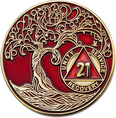 Medallón AA de 21 años, chip de recuperación AA chapado en oro, color rojo disponible en Yaxa Peru