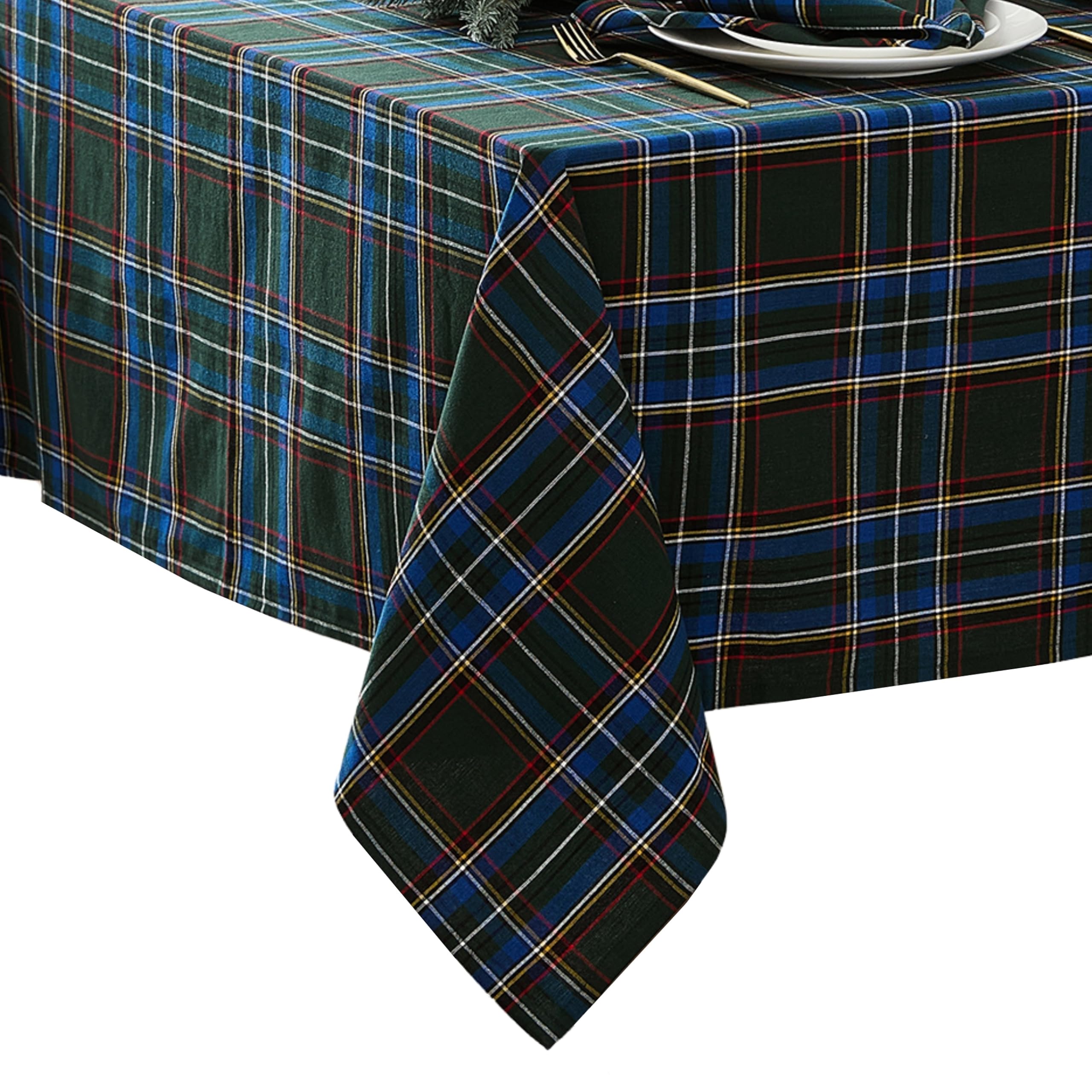 Elrene Home Fashions Stowe Tartan Holiday Plaid Christmas/Winter Cotton Rectangle Tablecloth, 52"x70", Green