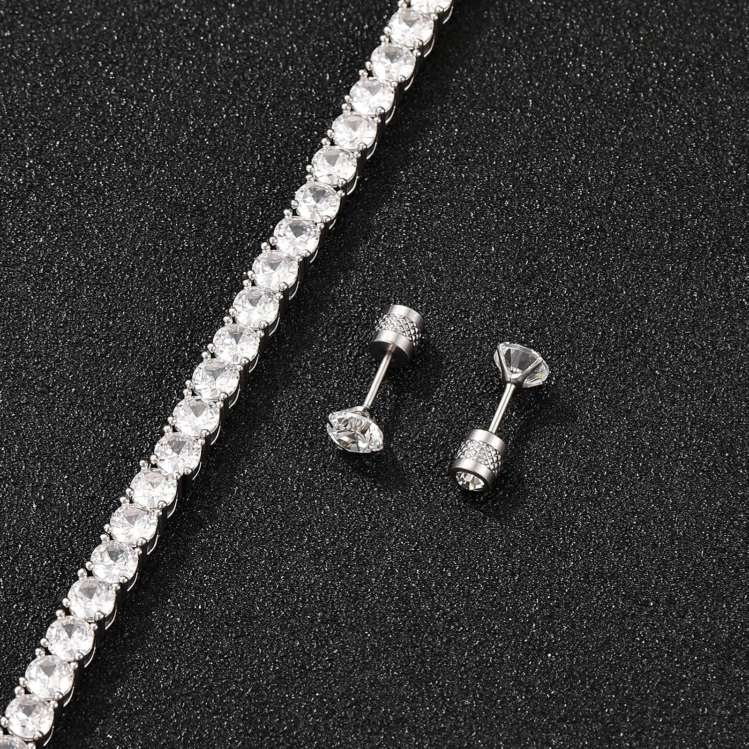 4mm Cubic Zirconia Tennis Necklace – 18K White/Yellow Gold Plated Classic Round CZ Chain Necklace Hypoallergenic Wedding & Party Jewelry Gift for Women and Men (16–20 Inch) 5mm Zircon Earrings