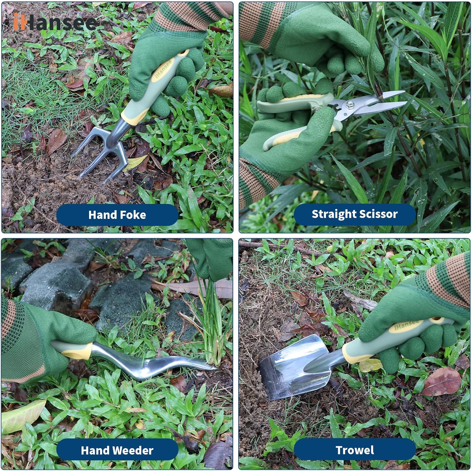 Set of 12 Garden Tool, iHansee Heavy-Duty Aluminum Gardening Hand Tools with Rubber Non-Slip Handle, Garden Apron, Gloves, Kneeling Pad and Storage Bag, Garden Hand Tools Starter Kit Landscaping Tools - Image 4