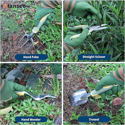 Miniatura 4 de Set of 12 Garden Tool, iHansee Heavy-Duty Aluminum Gardening Hand Tools with Rubber Non-Slip Handle, Garden Apron, Gloves, Kneeling Pad and Storage
