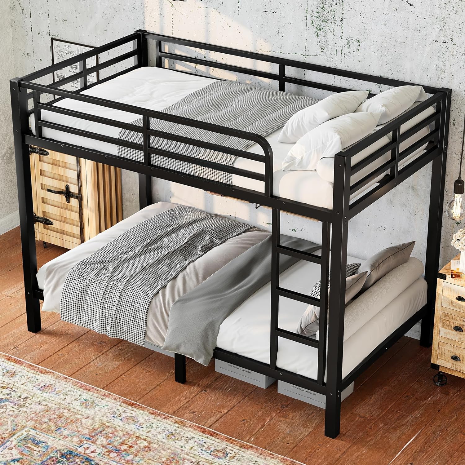 Harper & Bright Designs Industrial Bunk Bed Twin Over Twin for 2, Heavy Duty Metal Bunk Beds Frame with Underneath Storage, Full-Length Guardrail, Sturdy Support, No Box Spring Needed, Black