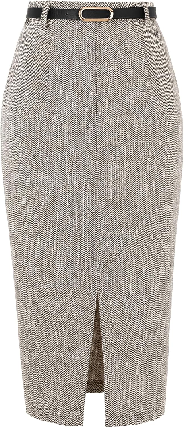 Allegra K Midi Pencil Skirt for Women Fall Winter High Waisted Slit Office Work Skirts with Belt