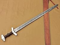 Vista 3 de Espada vikinga de acero de Damasco hecha a mano con mango de madera de rosa Espada medieval con vaina.