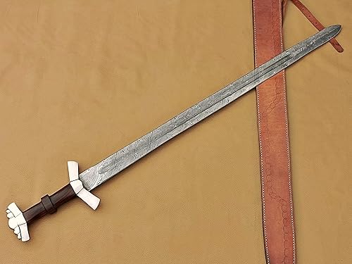 Miniatura 3 de Espada vikinga de acero de Damasco hecha a mano con mango de madera de rosa  Espada medieval con vaina.