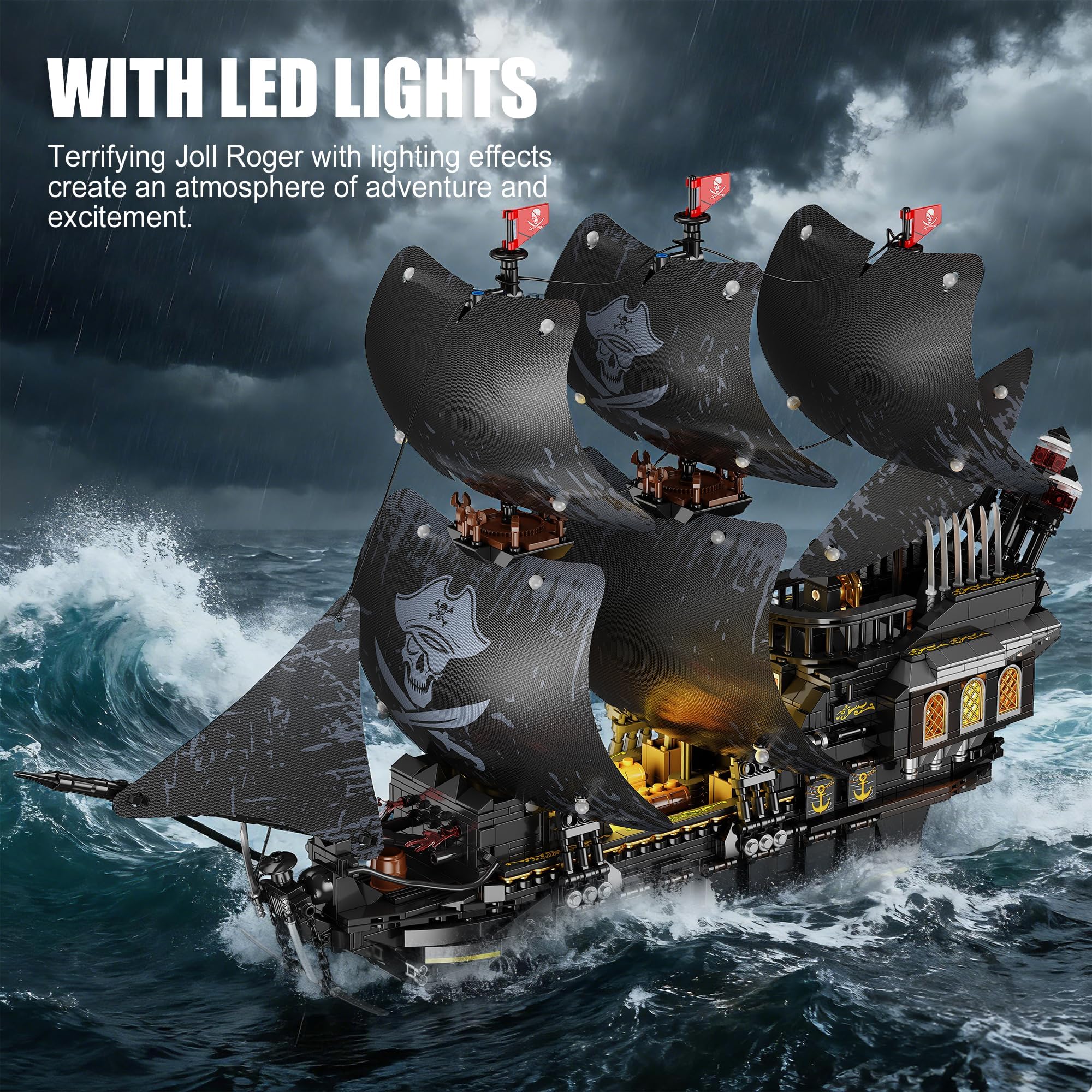 TYCOLE Perla Negra Barco Pirata Juguete Juego Bloques Construcción Luces Modelo Creativo Regalo Niño 8 Años Niñas Adultos Decoración Hogar Oficina 2288 Piezas