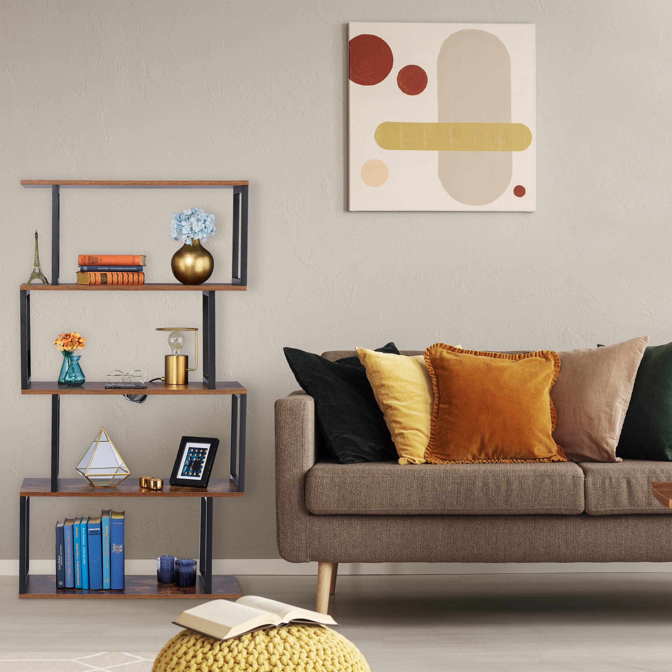 Relaxdays Bücherregal, Industrial Design, 5 Ablagen, MDF & Metall, HxBxT: 136 x 73 x 30 cm, Standregal, braun/schwarz