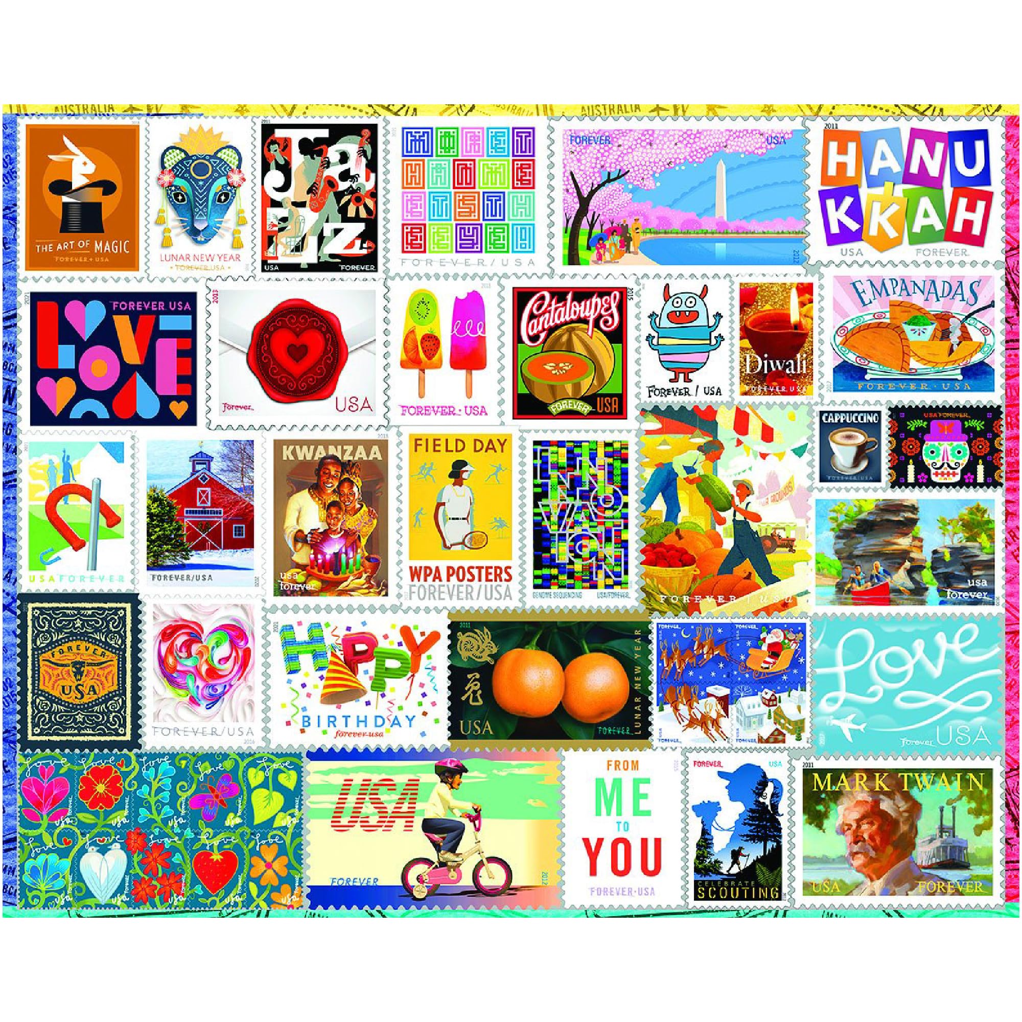 White Mountain 1000 Piece Jigsaw Puzzle Cute Holiday Collage Puzzles for Adults and Family 24"x30" - Forever Stamps